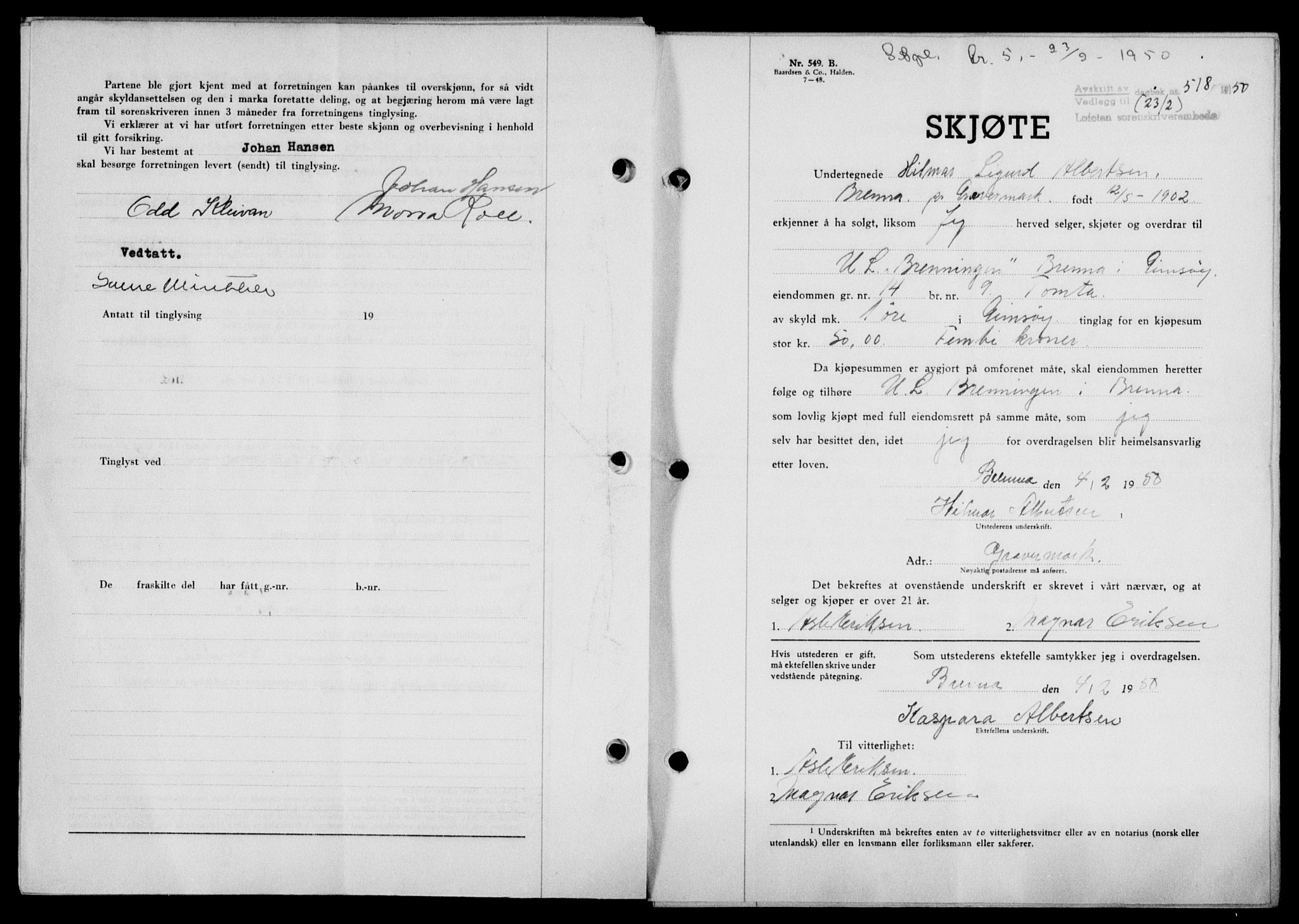 Lofoten sorenskriveri, SAT/A-0017/1/2/2C/L0023a: Mortgage book no. 23a, 1950-1950, Diary no: : 518/1950