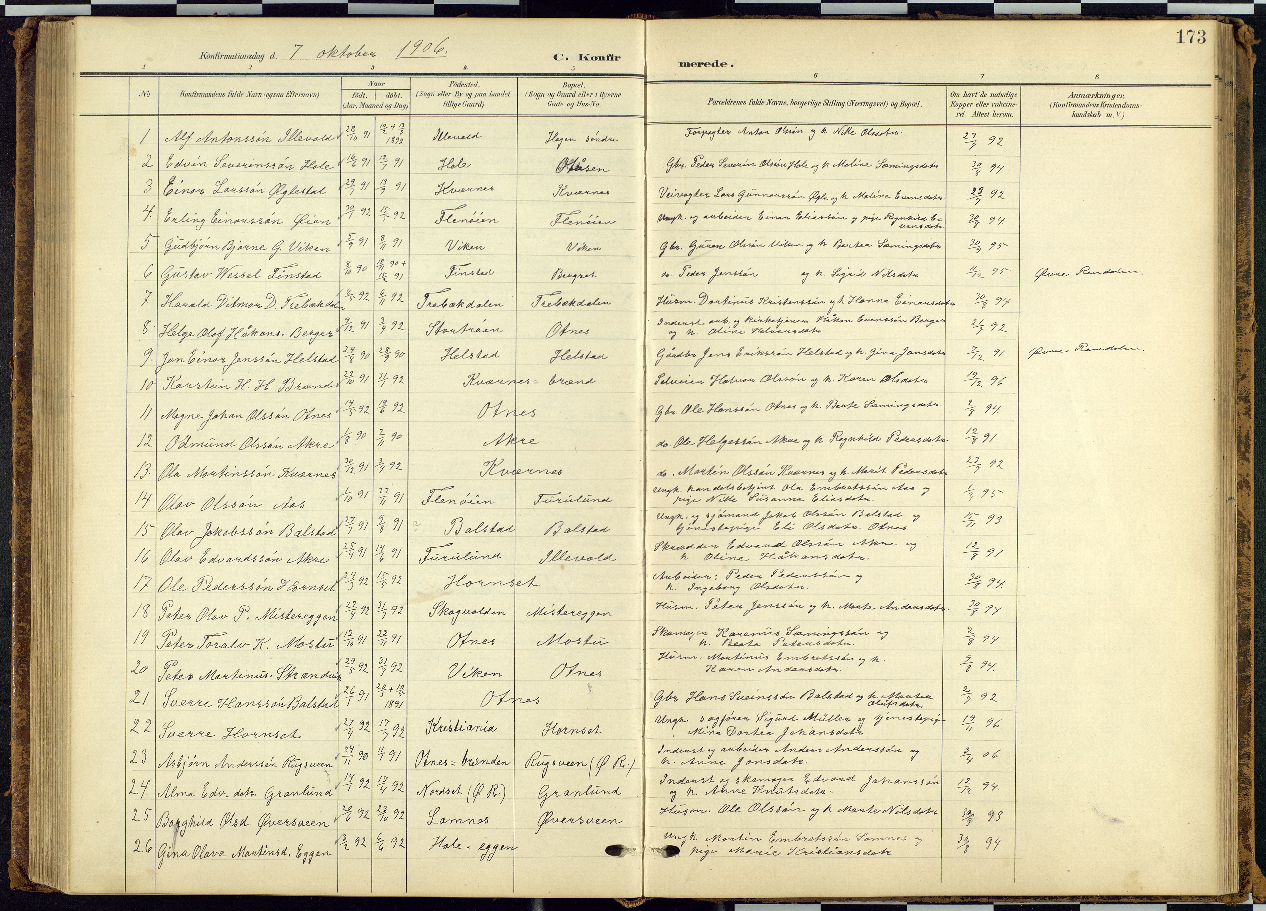 Rendalen prestekontor, SAH/PREST-054/H/Ha/Hab/L0010: Parish register (copy) no. 10, 1903-1940, p. 173