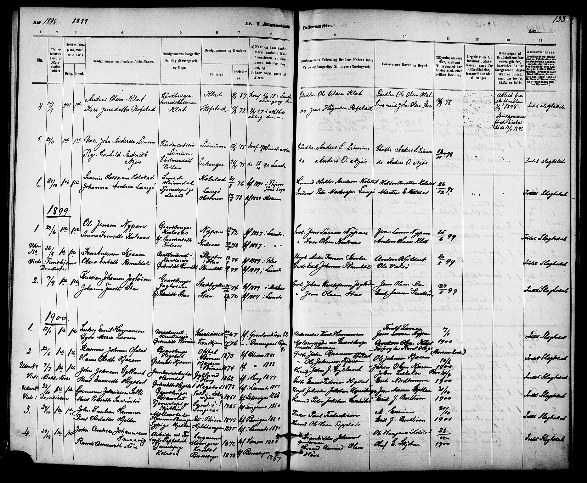 Ministerialprotokoller, klokkerbøker og fødselsregistre - Sør-Trøndelag, SAT/A-1456/613/L0395: Parish register (copy) no. 613C03, 1887-1909, p. 133