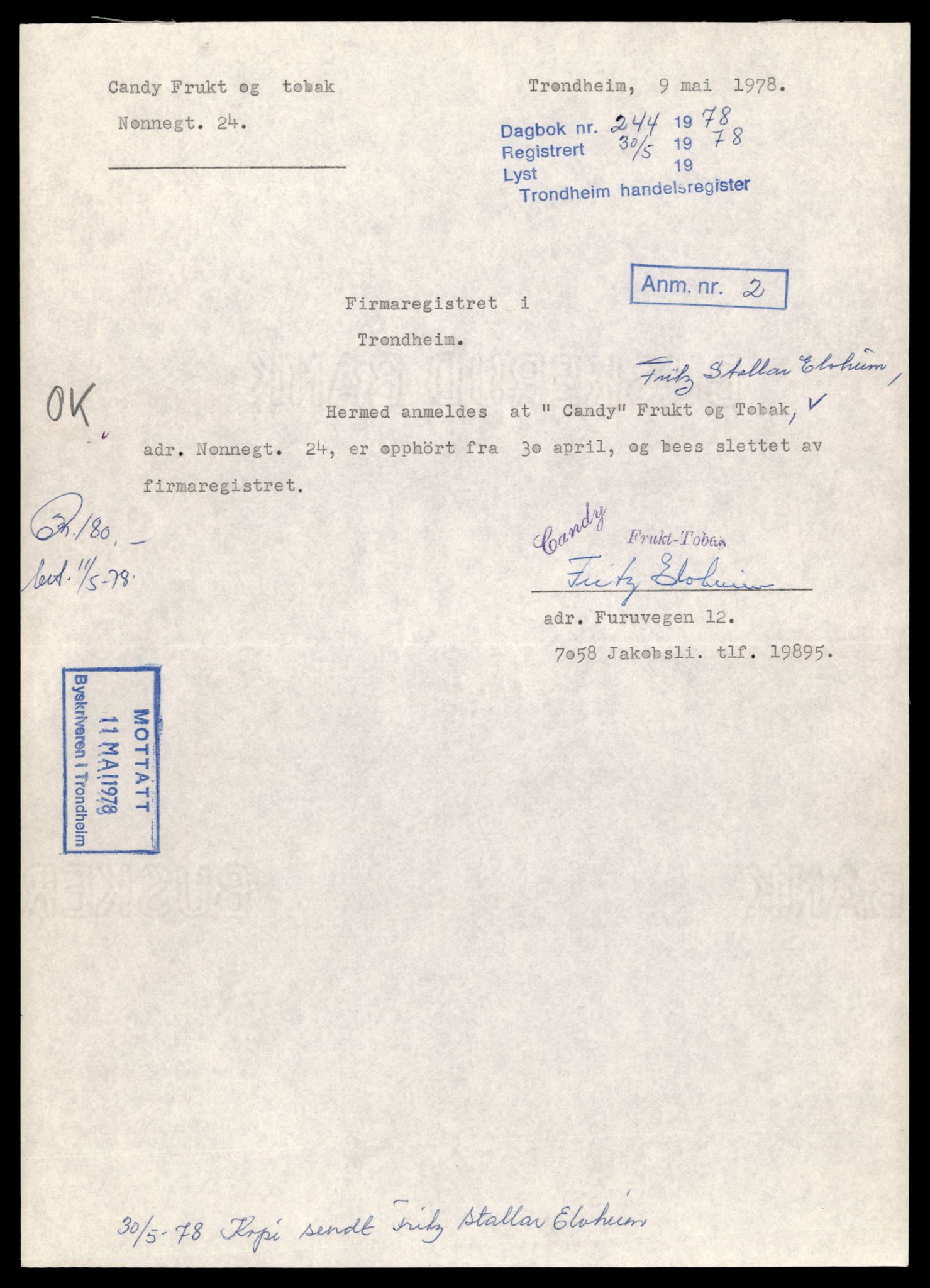 Trondheim byfogd, AV/SAT-A-0003/2/J/Jd/Jdb/L0042: Enkeltmannsforetak, C-E, 1965-1982, p. 3