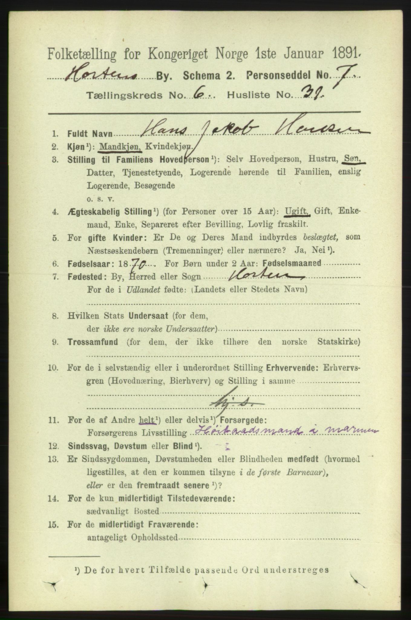 RA, 1891 census for 0703 Horten, 1891, p. 4039