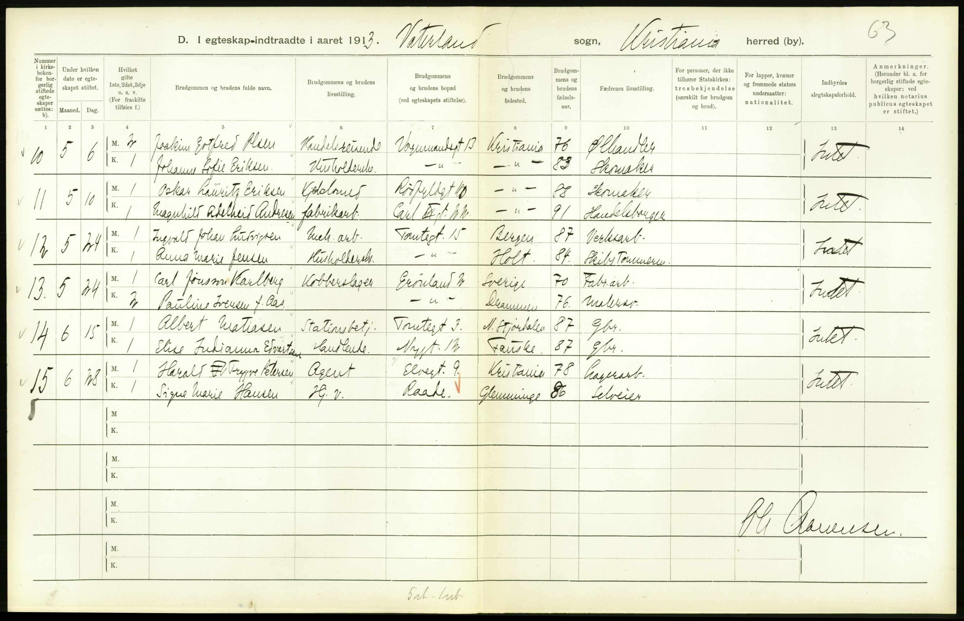 Statistisk sentralbyrå, Sosiodemografiske emner, Befolkning, RA/S-2228/D/Df/Dfb/Dfbc/L0008: Kristiania: Gifte., 1913, p. 122