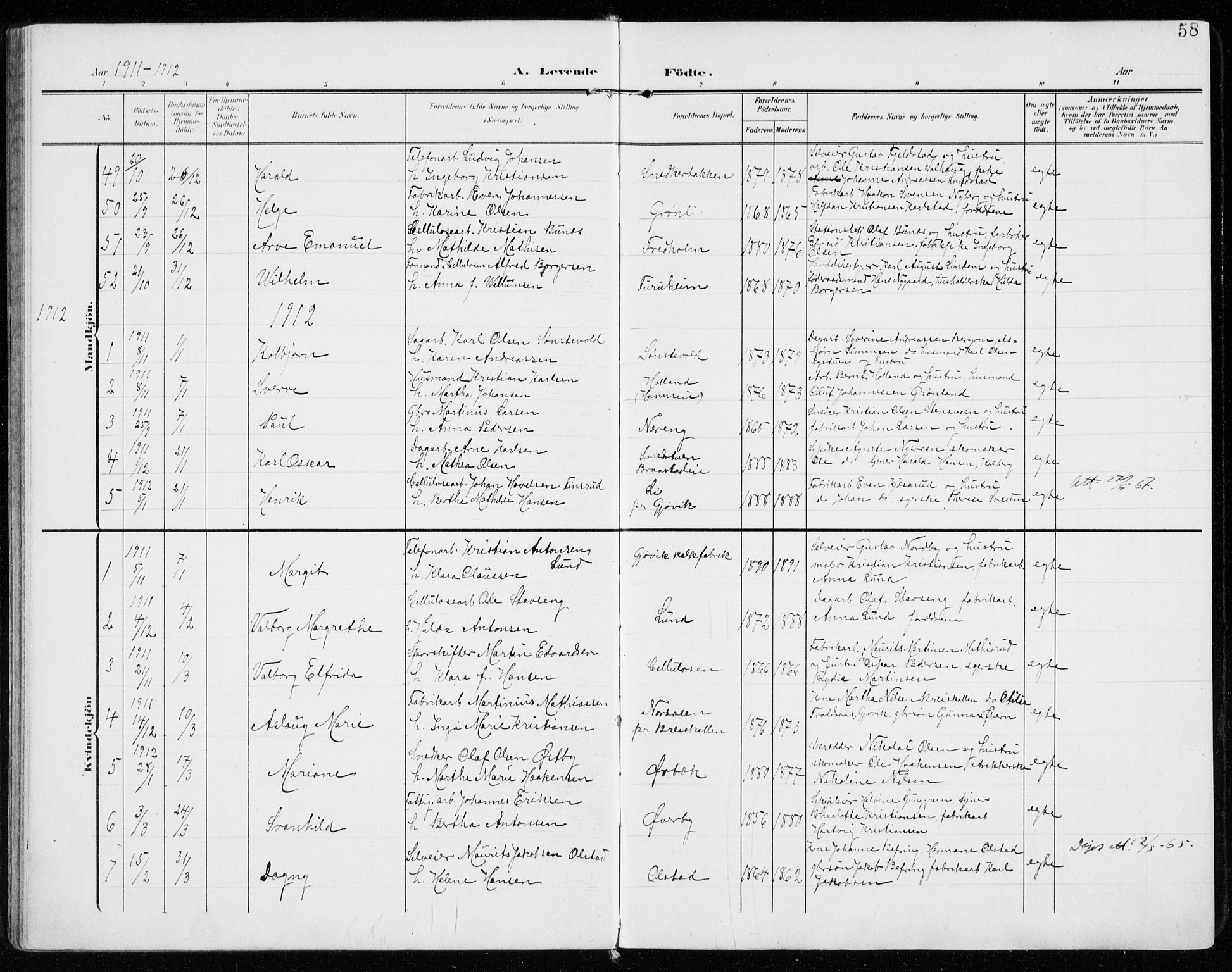 Vardal prestekontor, SAH/PREST-100/H/Ha/Haa/L0016: Parish register (official) no. 16, 1904-1916, p. 58