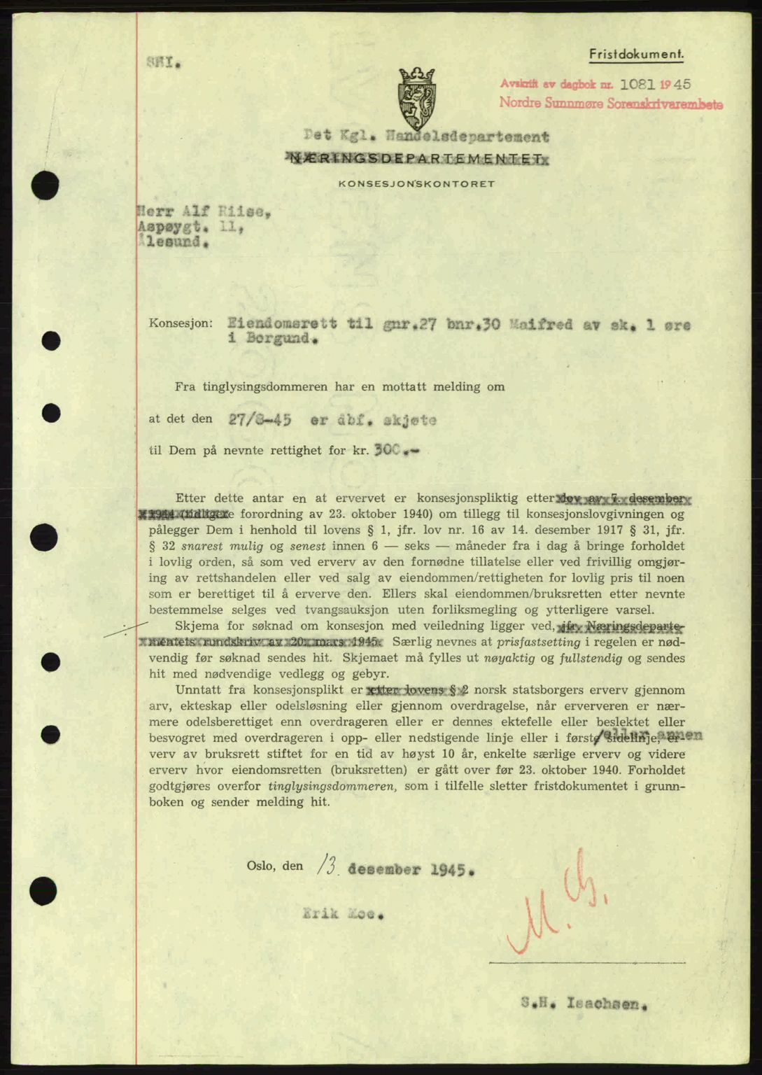 Nordre Sunnmøre sorenskriveri, SAT/A-0006/1/2/2C/2Ca: Mortgage book no. B6-14 a, 1942-1945, Diary no: : 1081/1945