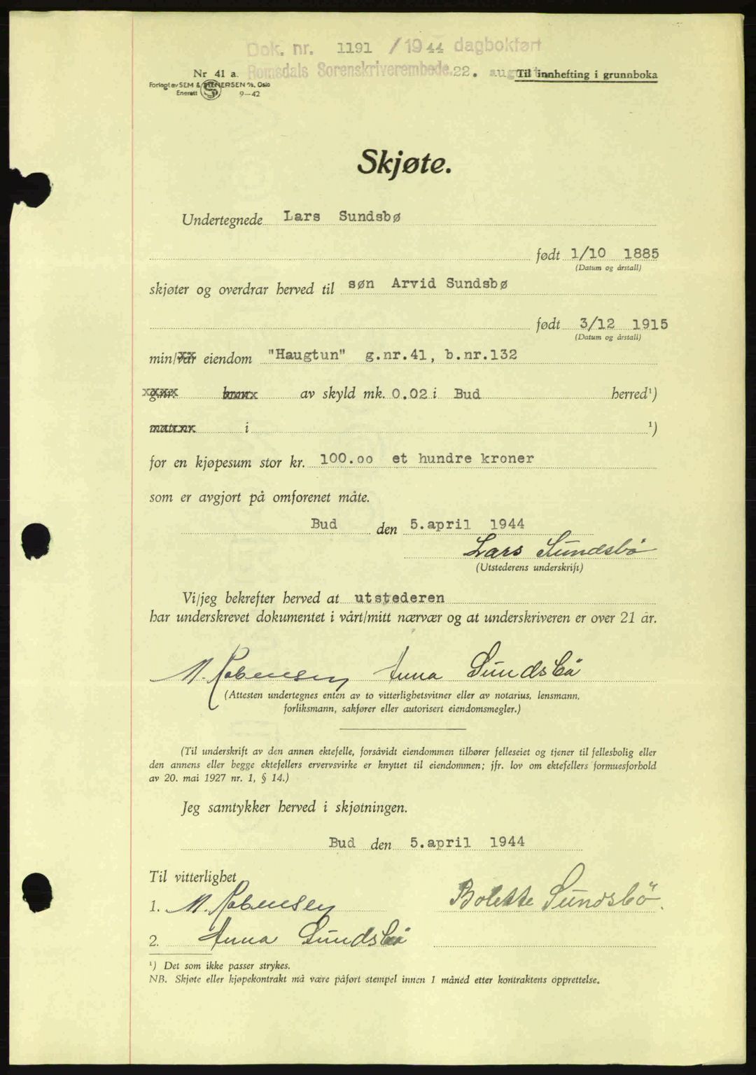 Romsdal sorenskriveri, SAT/A-4149/1/2/2C: Mortgage book no. A16, 1944-1944, Diary no: : 1191/1944