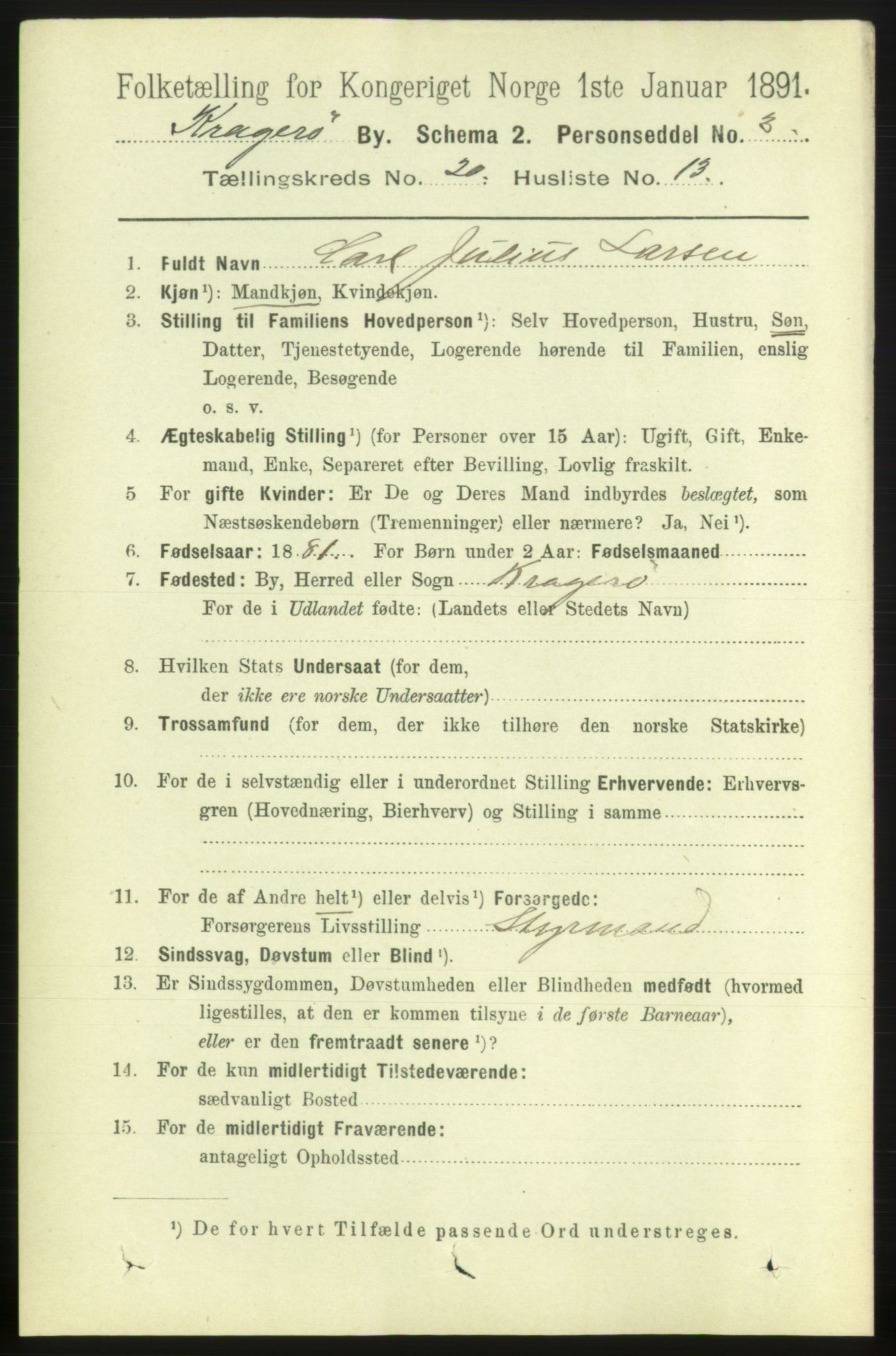 RA, 1891 census for 0801 Kragerø, 1891, p. 4697