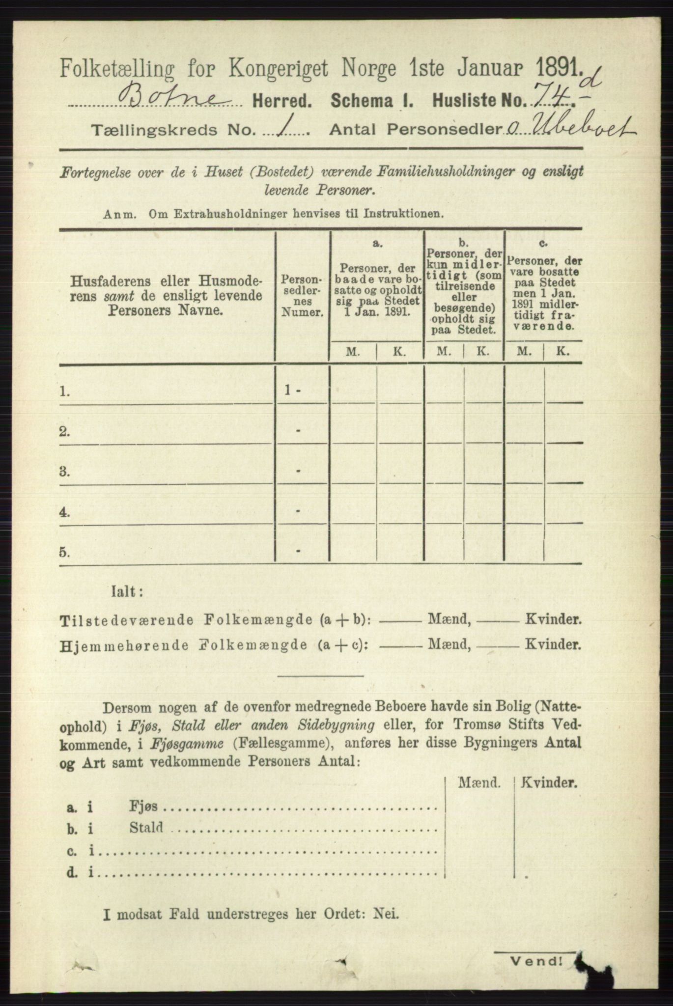 RA, 1891 census for 0715 Botne, 1891, p. 99