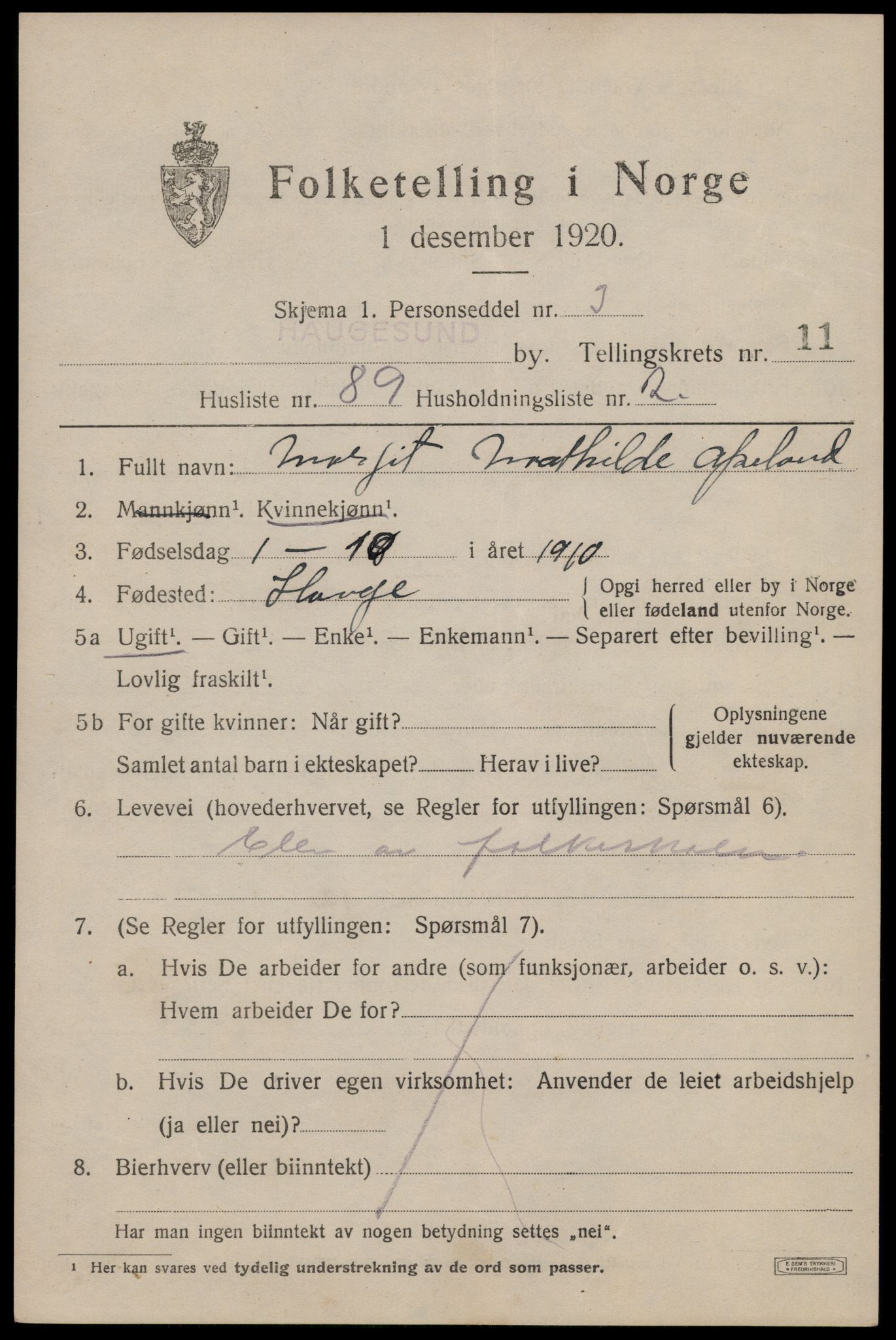 SAST, 1920 census for Haugesund, 1920, p. 37781