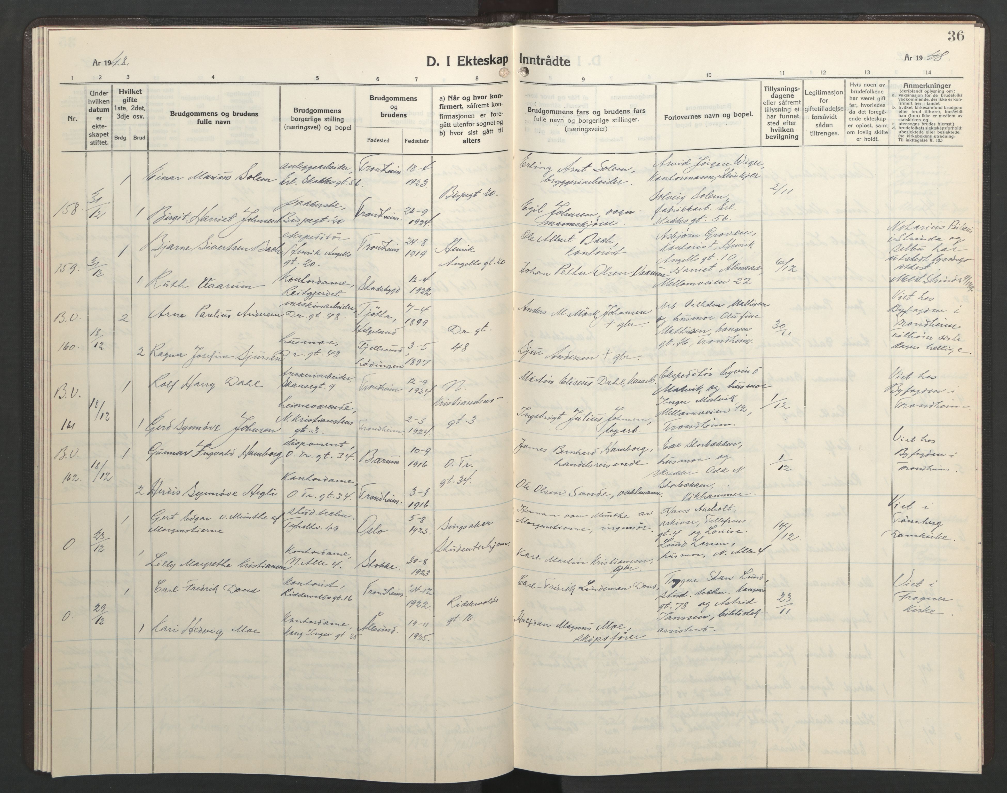 Ministerialprotokoller, klokkerbøker og fødselsregistre - Sør-Trøndelag, SAT/A-1456/602/L0155: Parish register (copy) no. 602C23, 1947-1950, p. 36