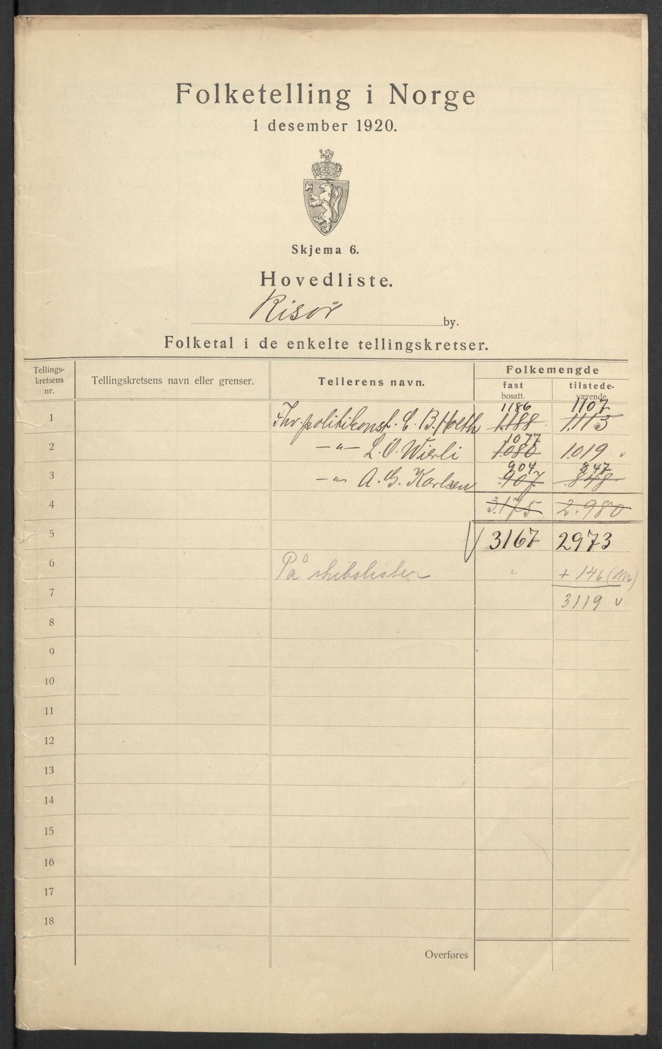 SAK, 1920 census for Risør, 1920, p. 3