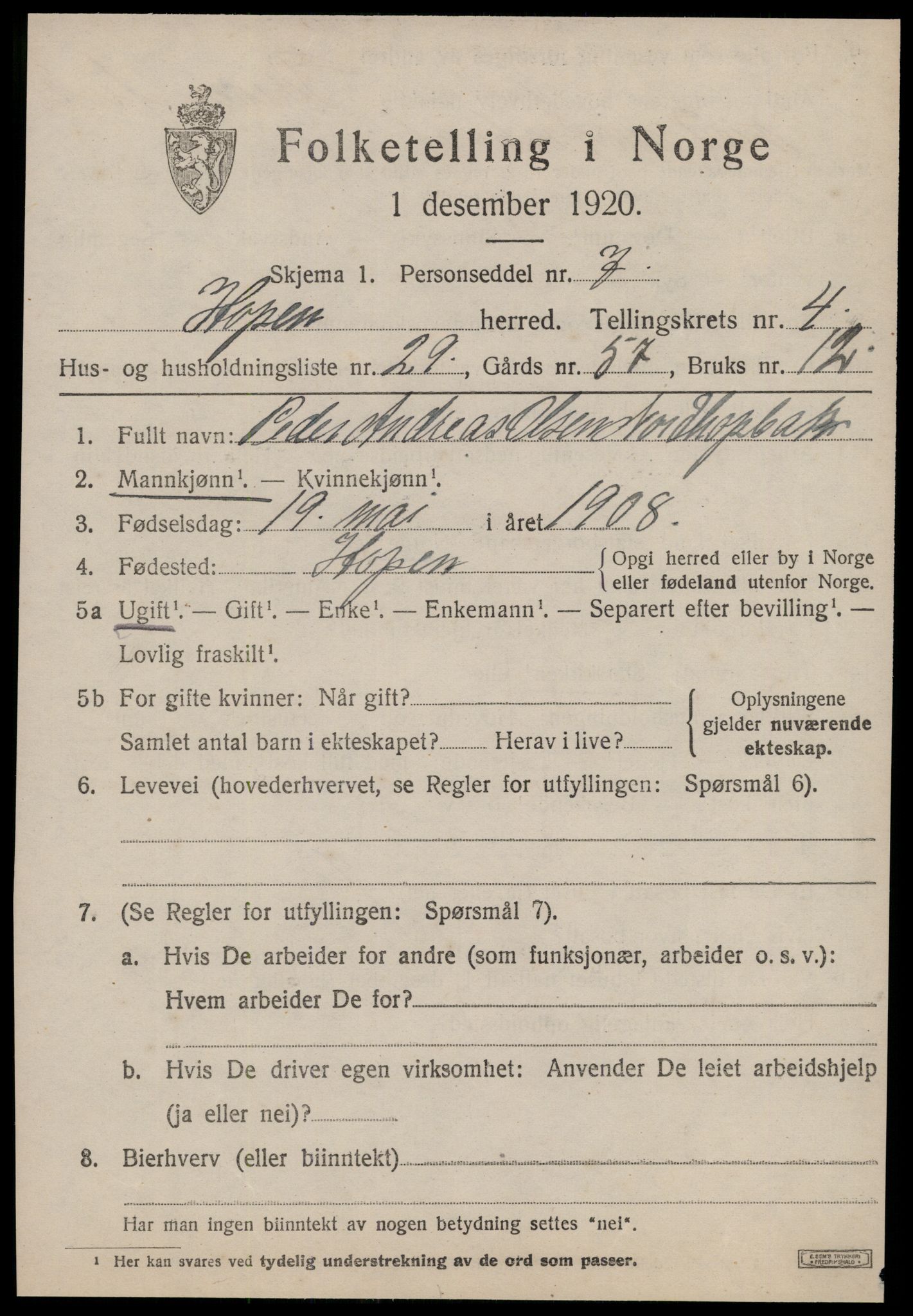 SAT, 1920 census for Hopen, 1920, p. 2348