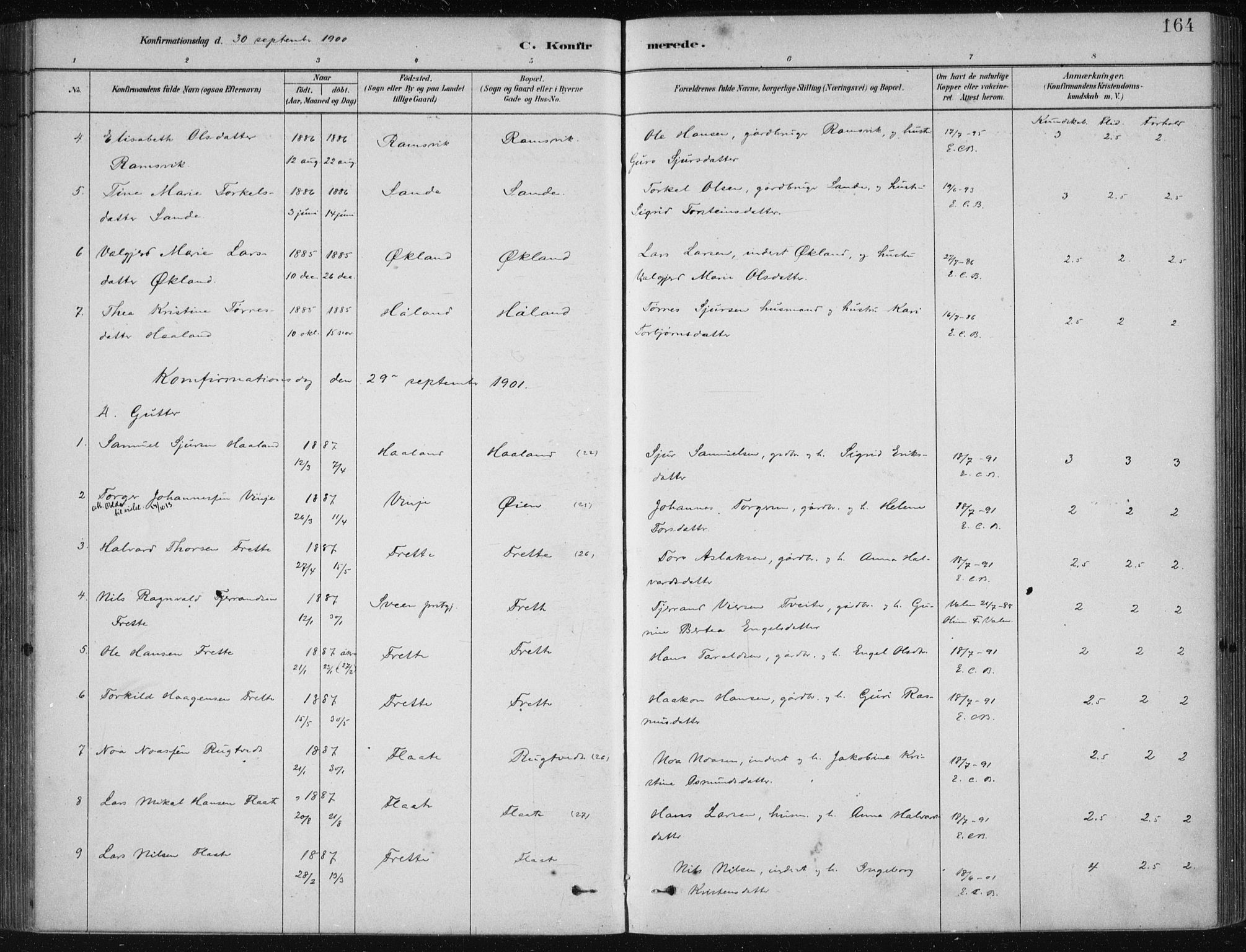 Etne sokneprestembete, SAB/A-75001/H/Haa: Parish register (official) no. D  1, 1879-1919, p. 164