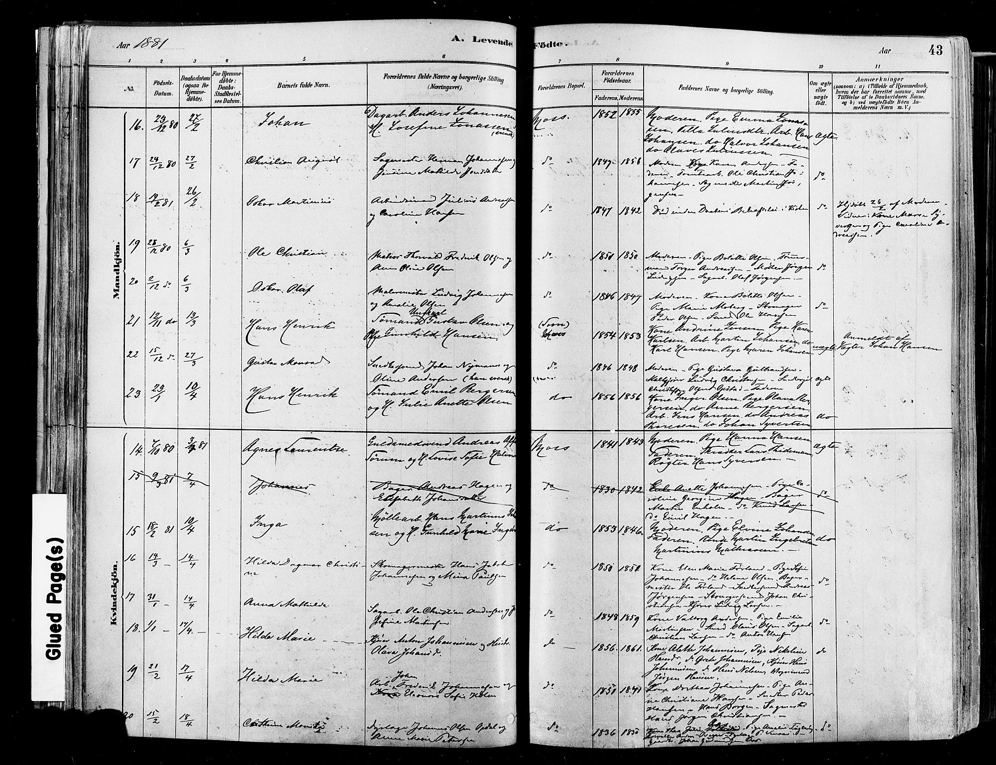 Moss prestekontor Kirkebøker, AV/SAO-A-2003/F/Fb/L0001: Parish register (official) no. II 1, 1878-1886, p. 43