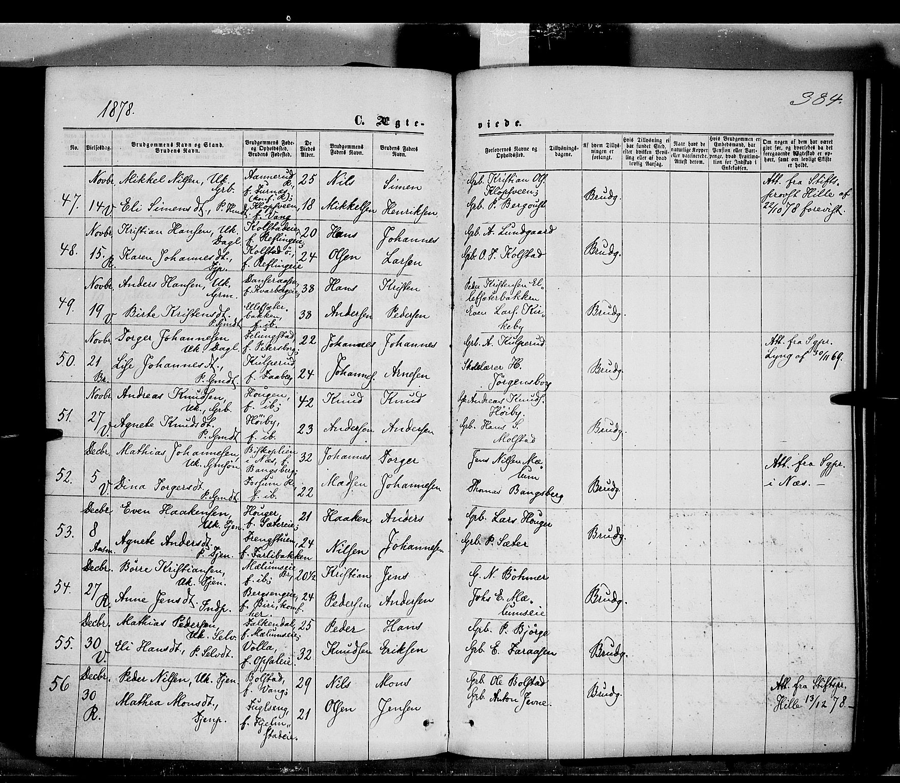 Ringsaker prestekontor, AV/SAH-PREST-014/K/Ka/L0011: Parish register (official) no. 11, 1870-1878, p. 384