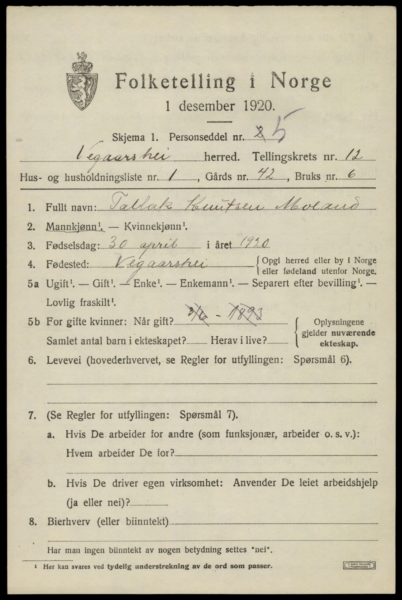 SAK, 1920 census for Vegårshei, 1920, p. 3796