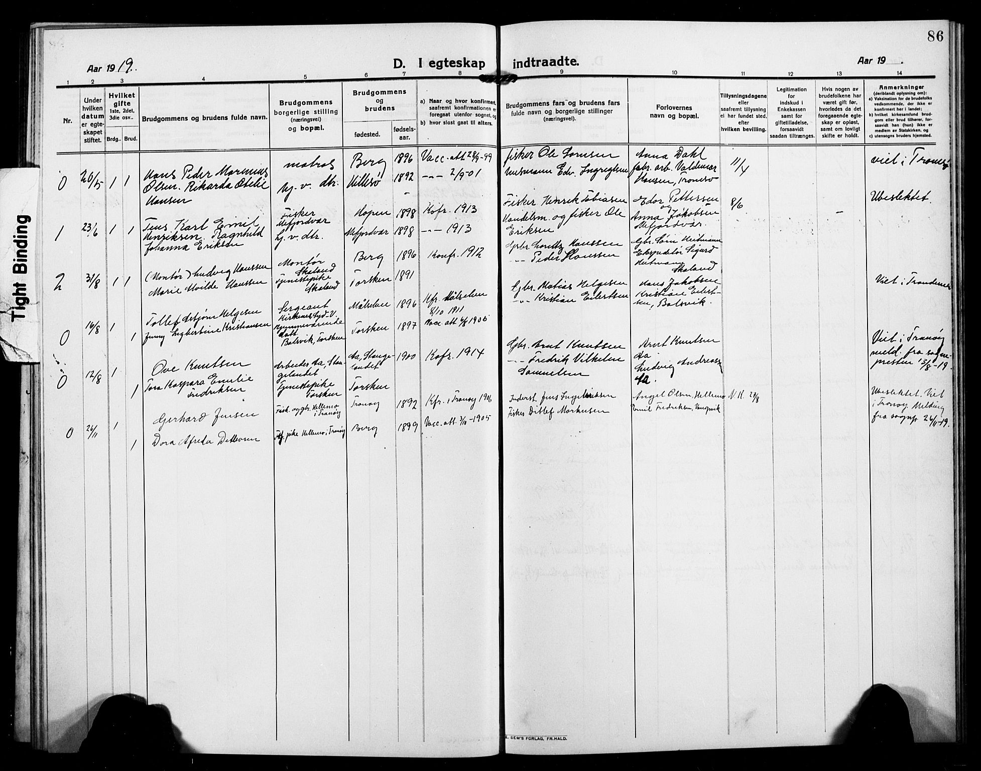 Berg sokneprestkontor, AV/SATØ-S-1318/G/Ga/Gab/L0006klokker: Parish register (copy) no. 6, 1912-1921, p. 86