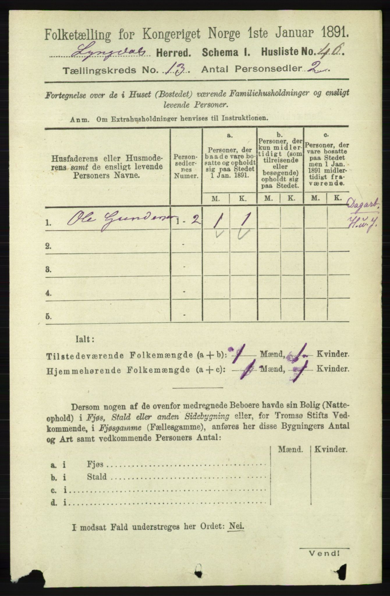 RA, 1891 census for 1032 Lyngdal, 1891, p. 5598