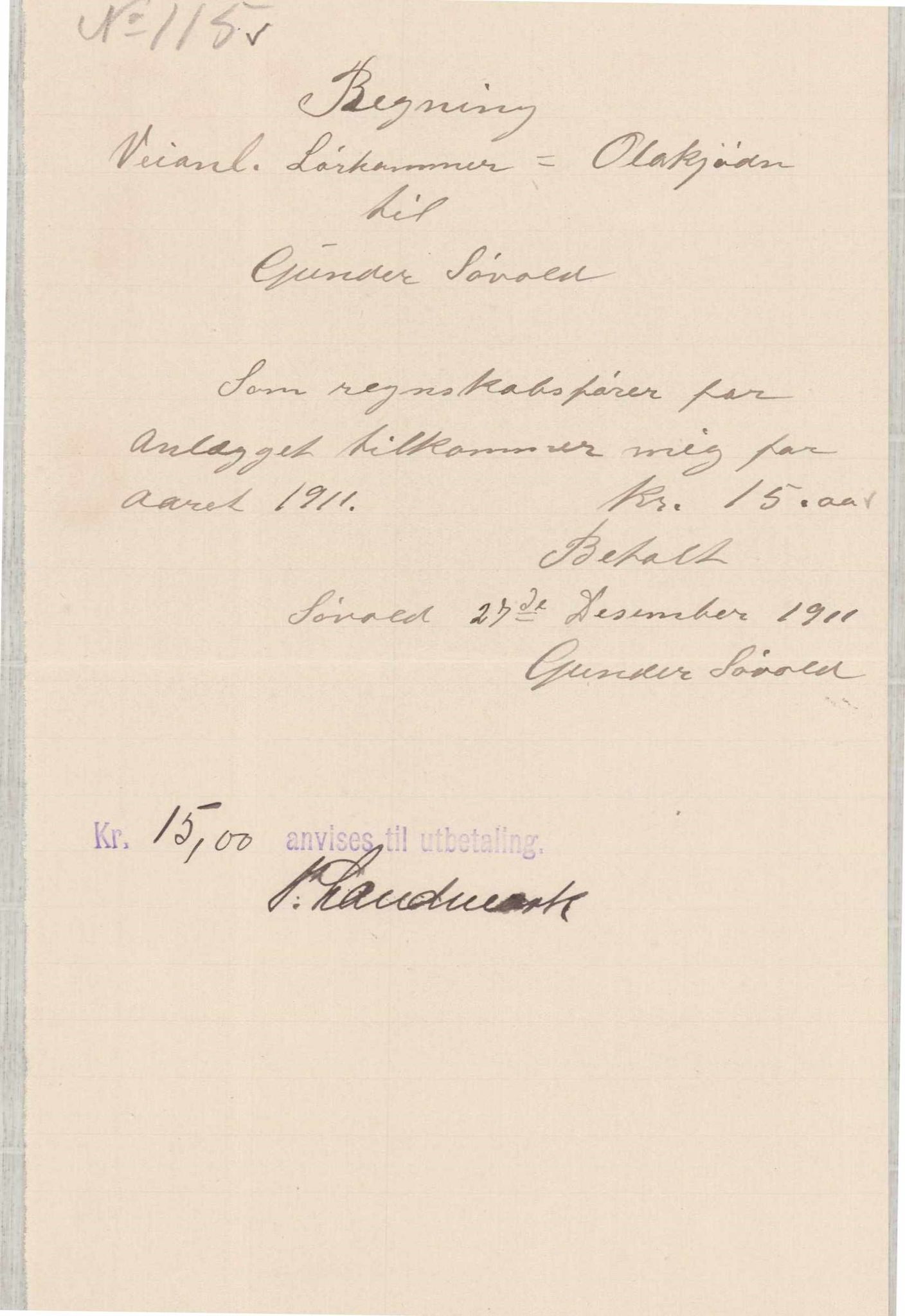 Finnaas kommune. Formannskapet, IKAH/1218a-021/E/Ea/L0001/0003: Rekneskap for veganlegg / Rekneskap for veganlegget Laurhammer - Olakjødn, 1909-1911, p. 84