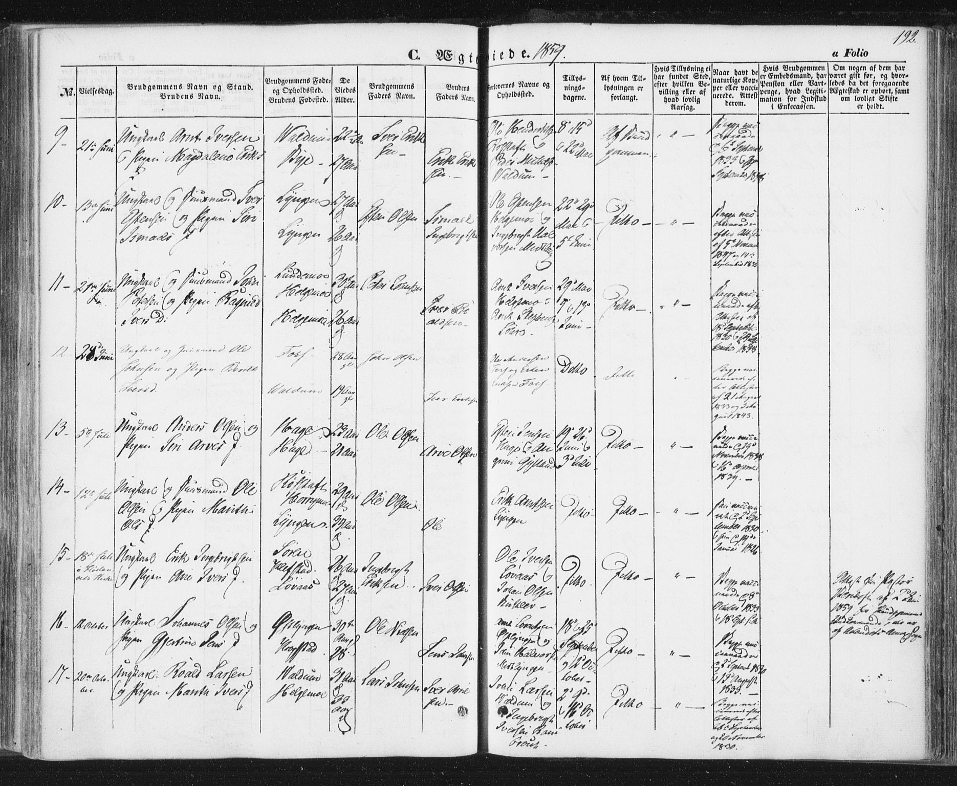 Ministerialprotokoller, klokkerbøker og fødselsregistre - Sør-Trøndelag, AV/SAT-A-1456/692/L1103: Parish register (official) no. 692A03, 1849-1870, p. 192