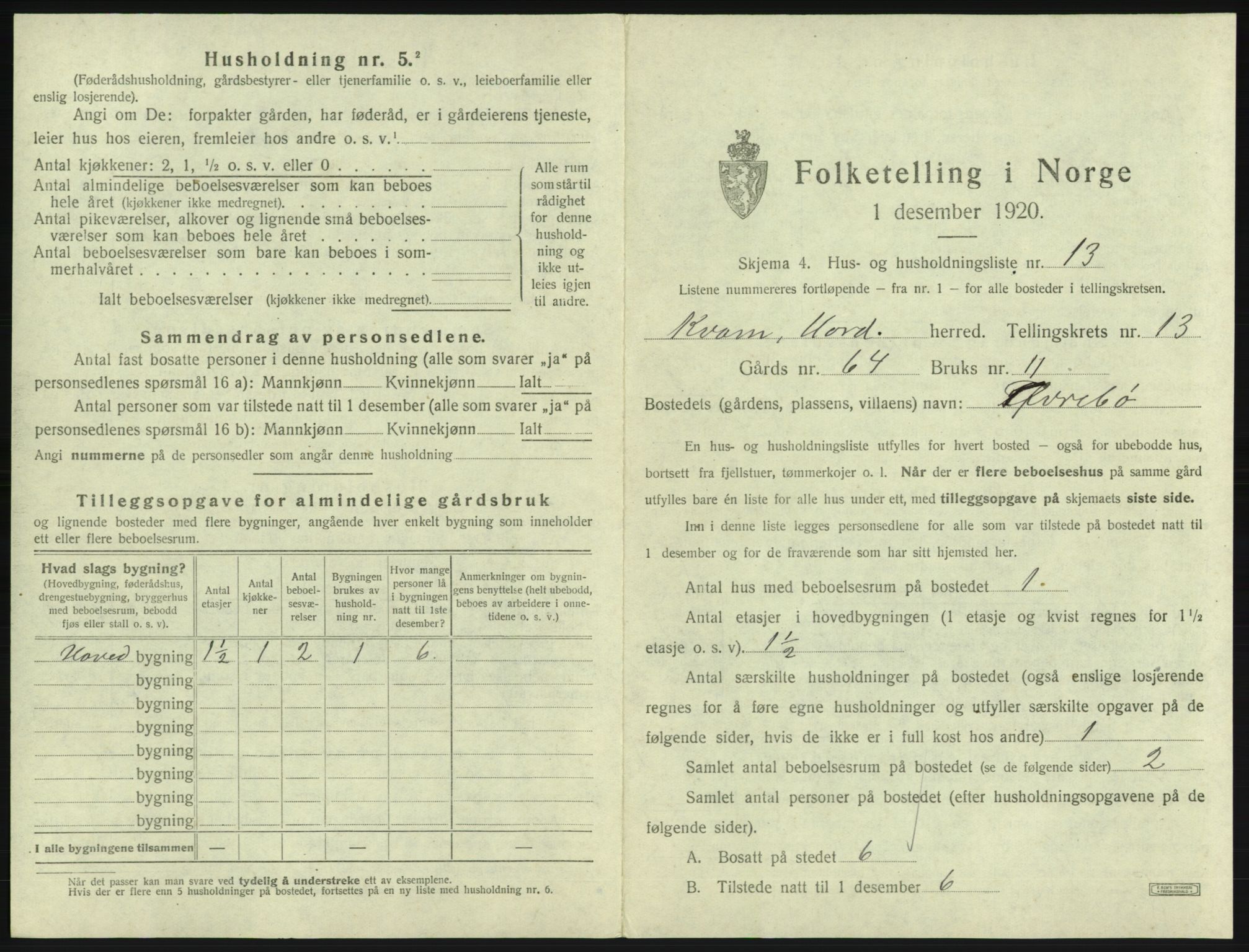 SAB, 1920 census for Kvam, 1920, p. 1144