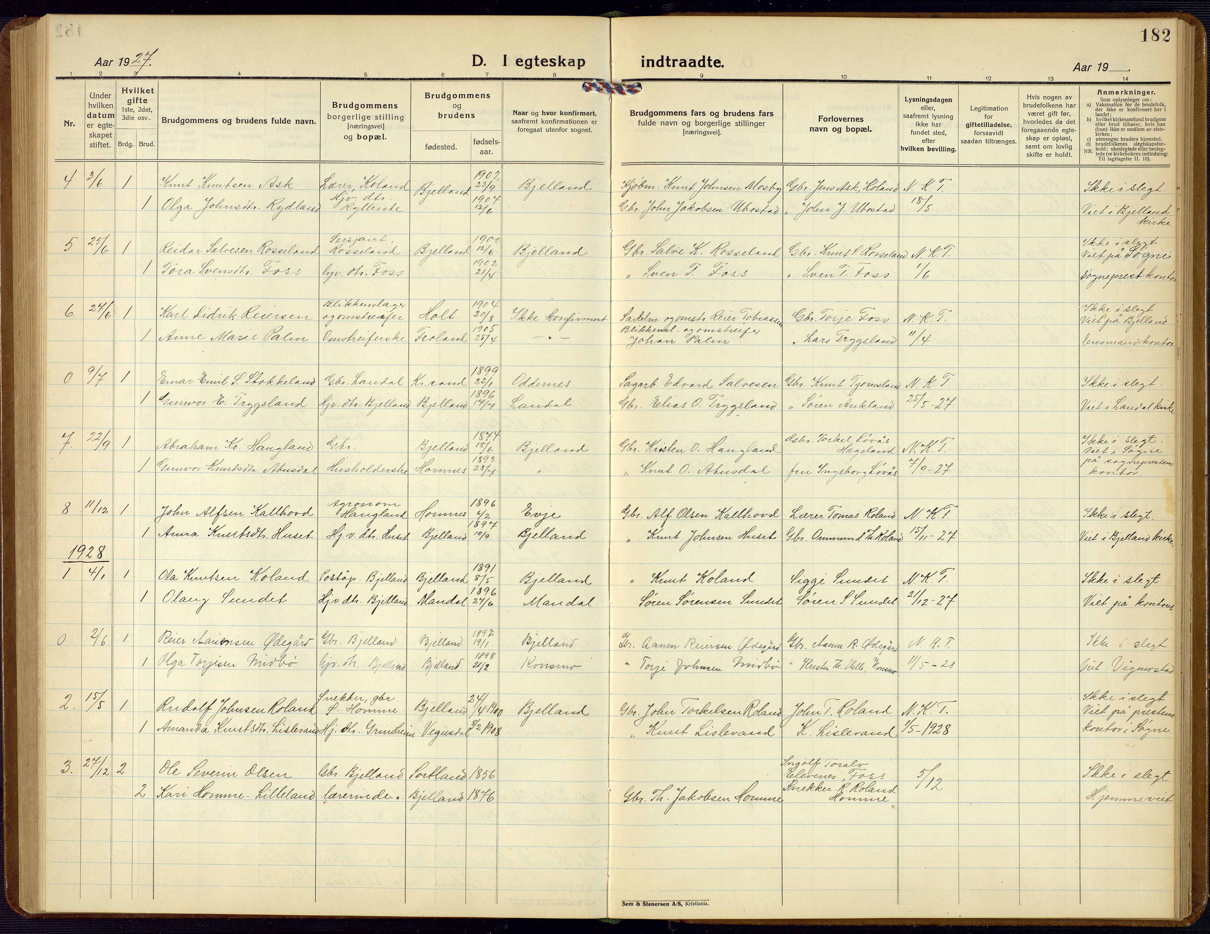 Bjelland sokneprestkontor, SAK/1111-0005/F/Fb/Fba/L0006: Parish register (copy) no. B 6, 1923-1956, p. 182