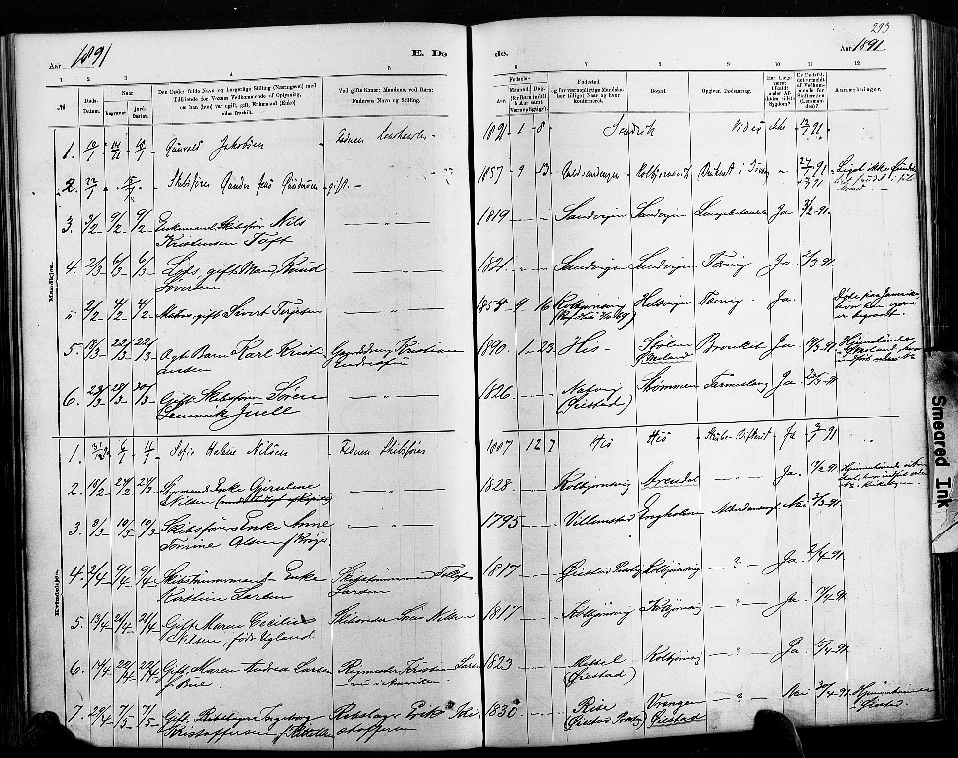 Hisøy sokneprestkontor, AV/SAK-1111-0020/F/Fa/L0003: Parish register (official) no. A 3, 1881-1894, p. 293