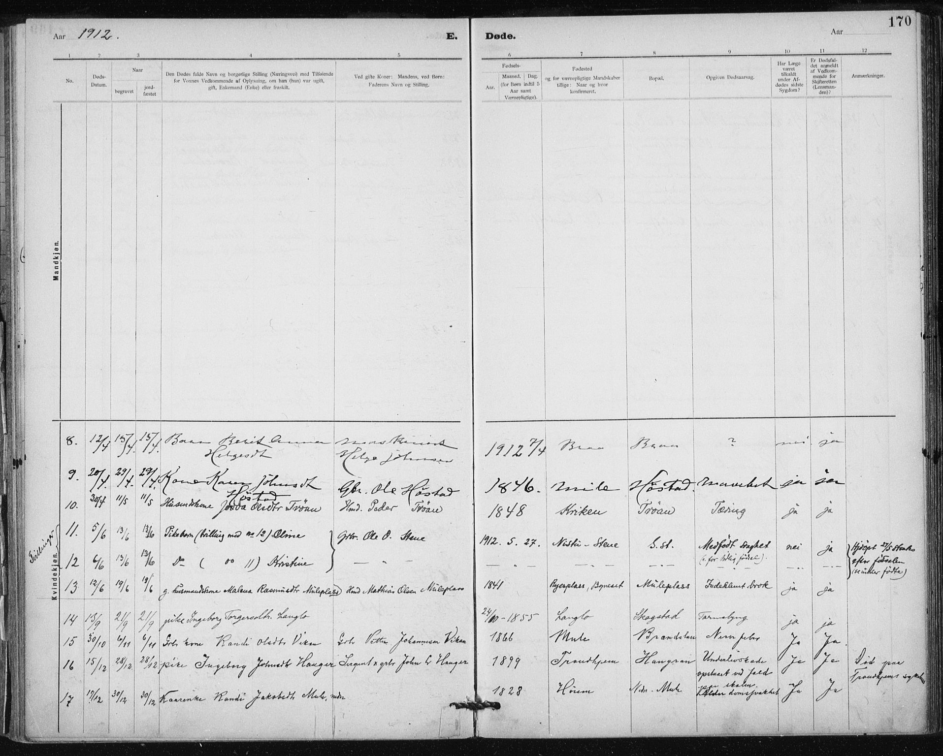 Ministerialprotokoller, klokkerbøker og fødselsregistre - Sør-Trøndelag, SAT/A-1456/612/L0381: Parish register (official) no. 612A13, 1907-1923, p. 170