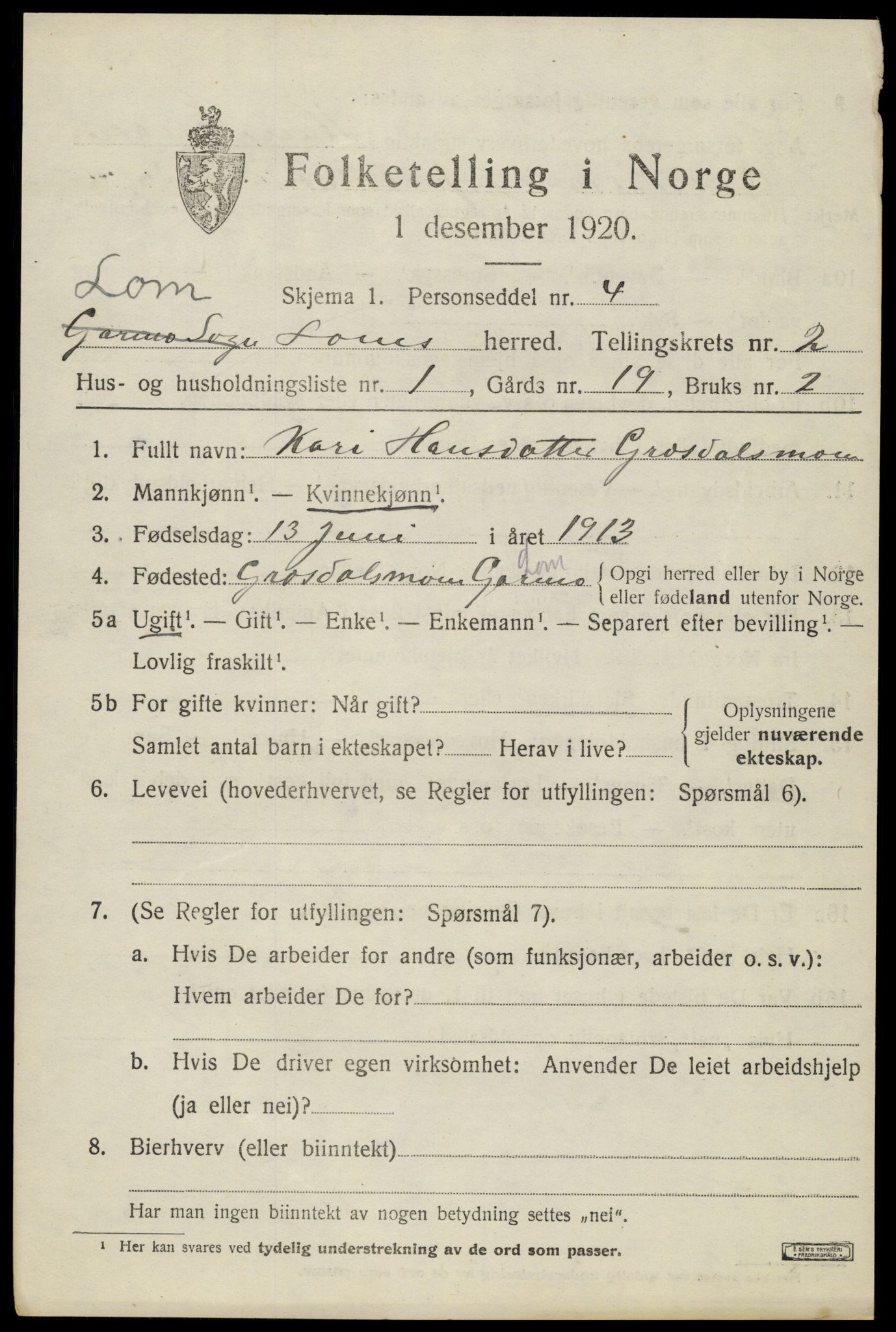 SAH, 1920 census for Lom, 1920, p. 1778