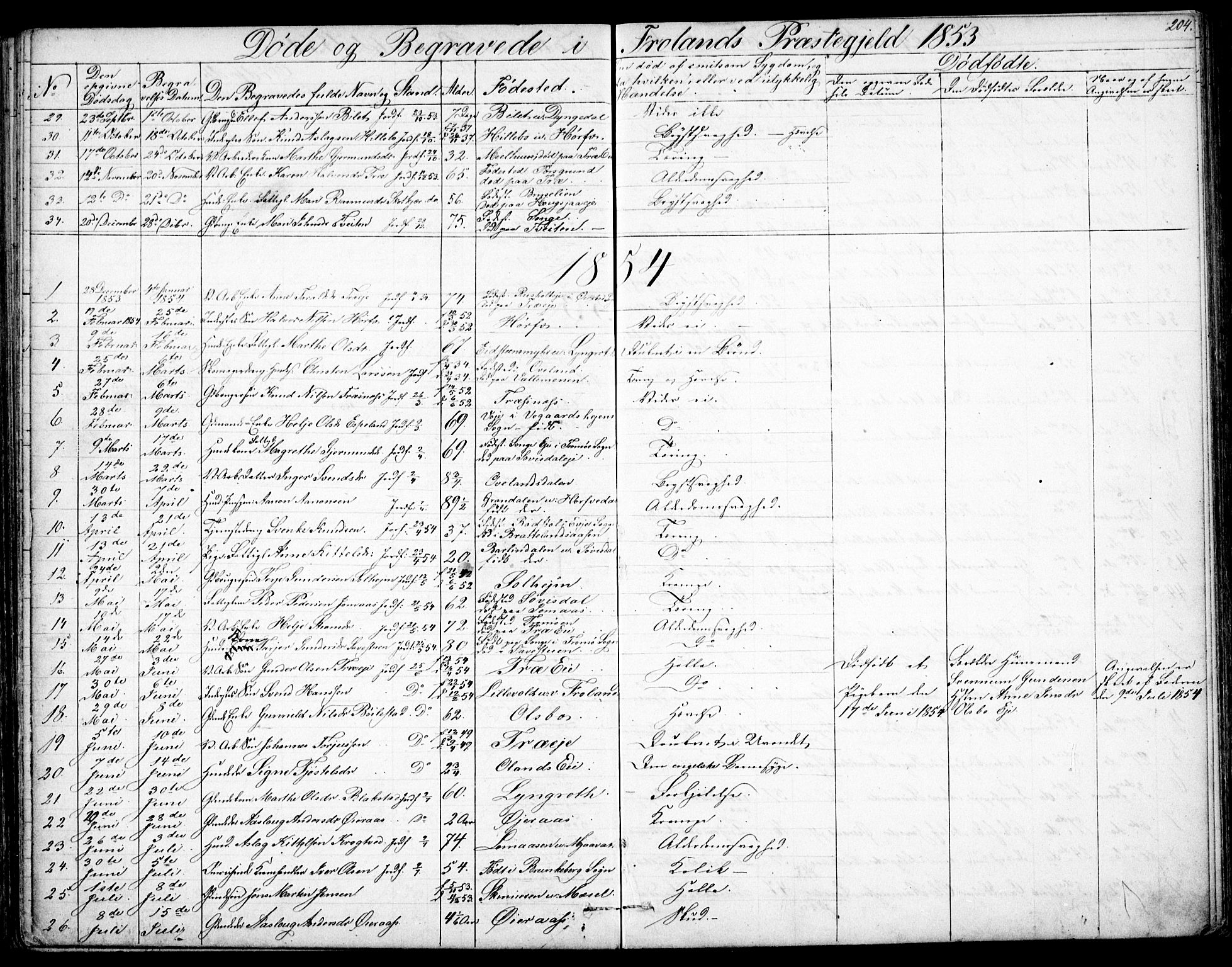 Froland sokneprestkontor, SAK/1111-0013/F/Fb/L0008: Parish register (copy) no. B 8, 1843-1875, p. 204