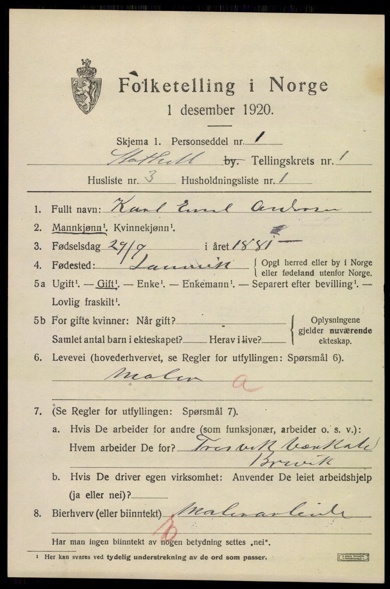 SAKO, 1920 census for Stathelle, 1920, p. 559
