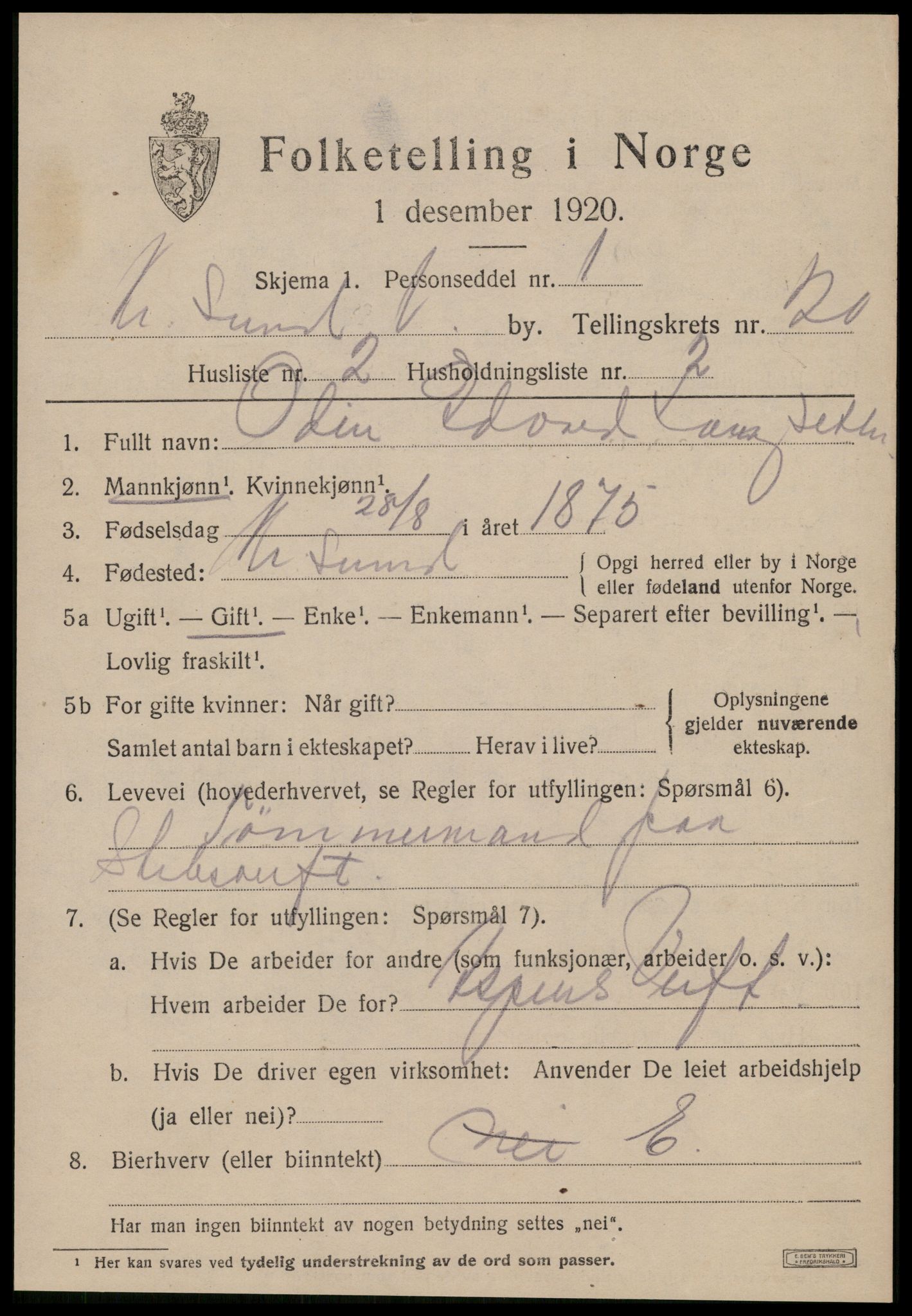 SAT, 1920 census for Kristiansund, 1920, p. 40503