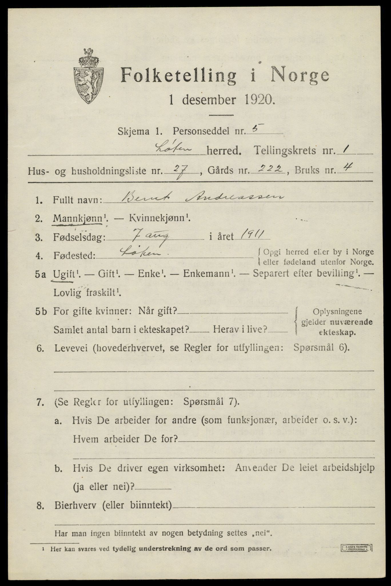 SAH, 1920 census for Løten, 1920, p. 2633