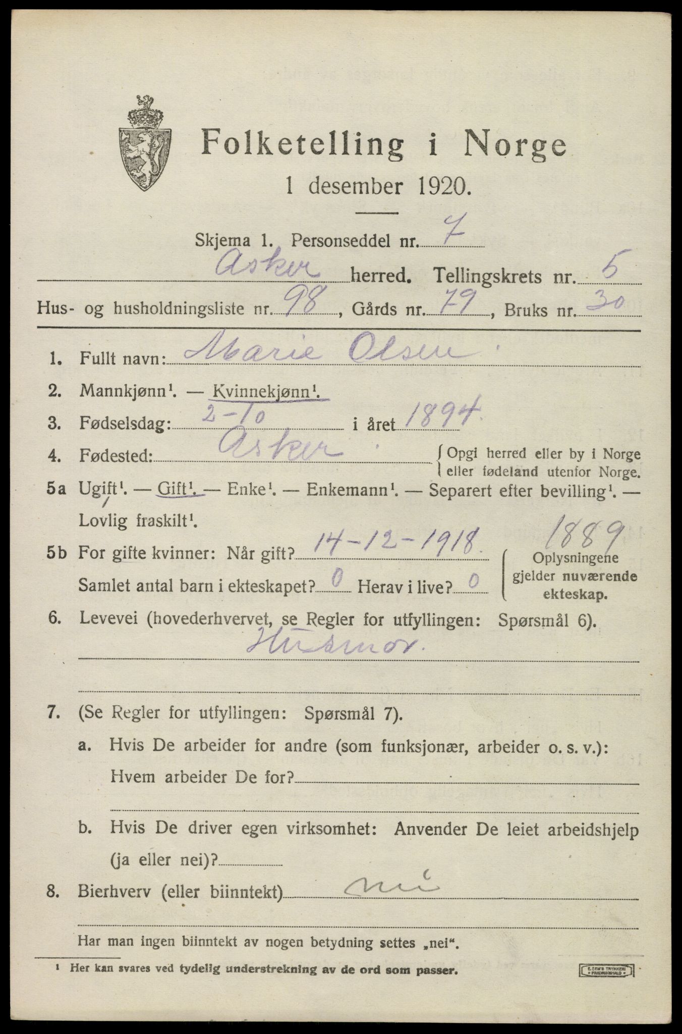 SAO, 1920 census for Asker, 1920, p. 13946