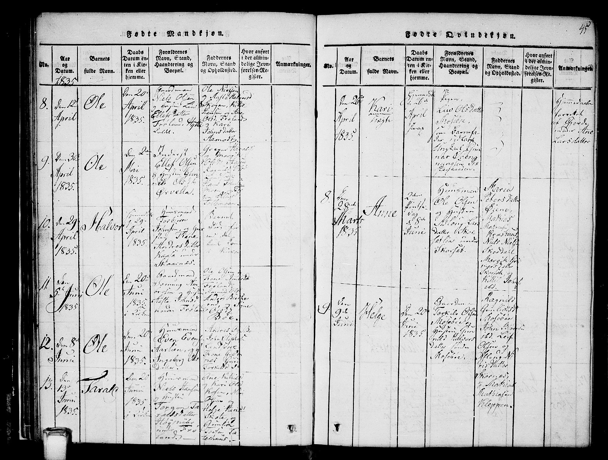 Hjartdal kirkebøker, SAKO/A-270/G/Gb/L0001: Parish register (copy) no. II 1, 1815-1842, p. 45