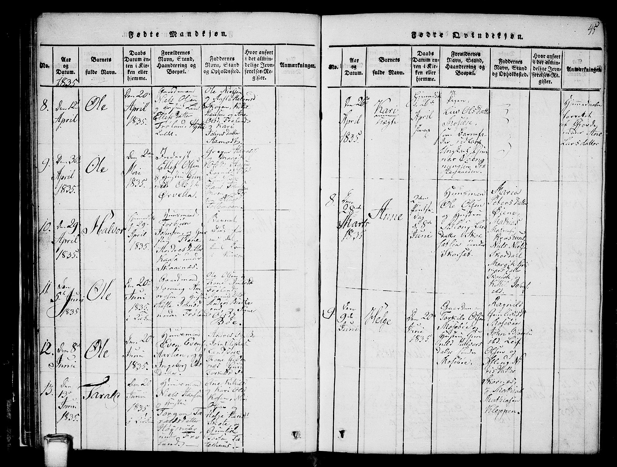 Hjartdal kirkebøker, AV/SAKO-A-270/G/Gb/L0001: Parish register (copy) no. II 1, 1815-1842, p. 45