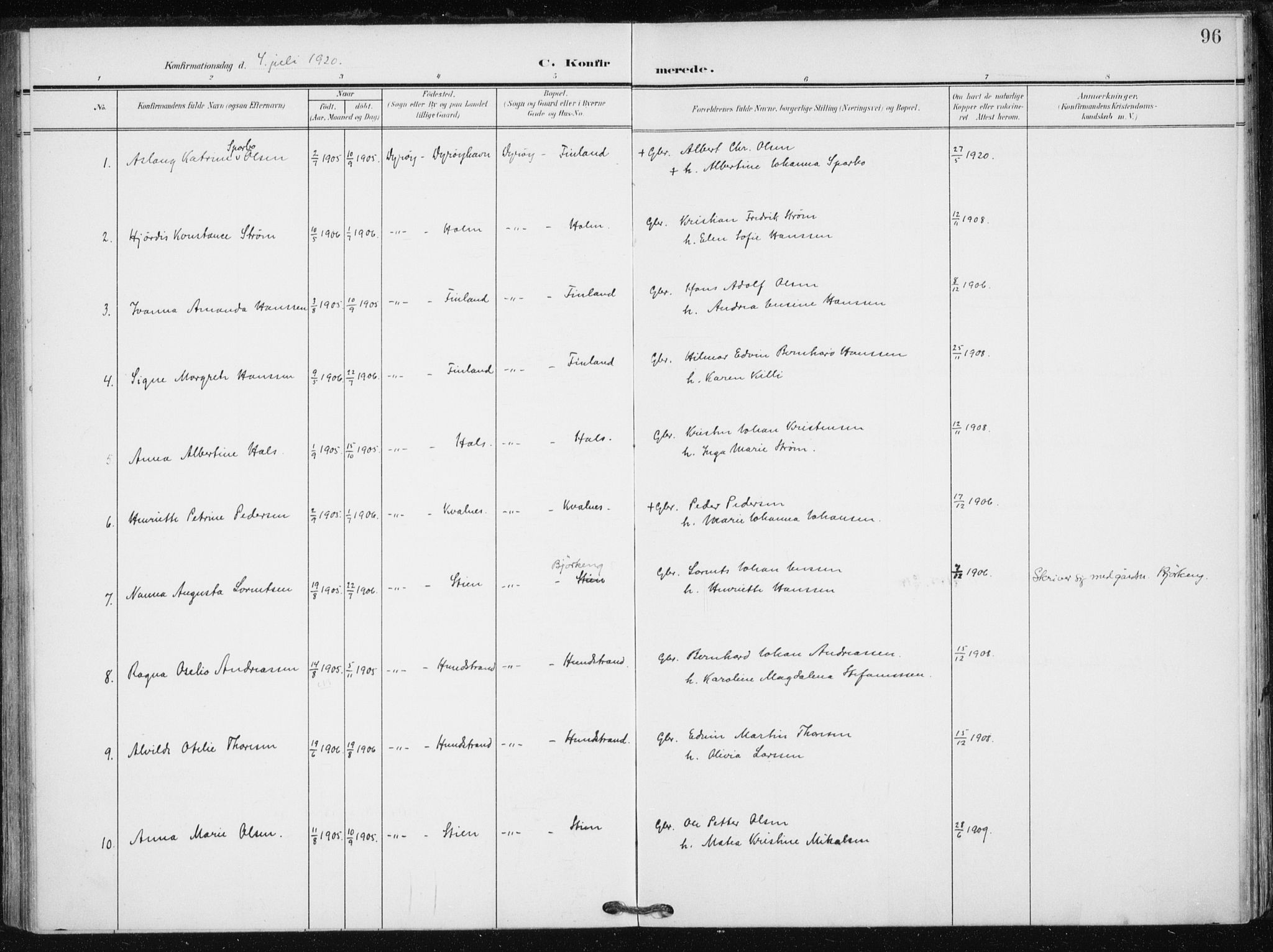 Tranøy sokneprestkontor, SATØ/S-1313/I/Ia/Iaa/L0013kirke: Parish register (official) no. 13, 1905-1922, p. 96