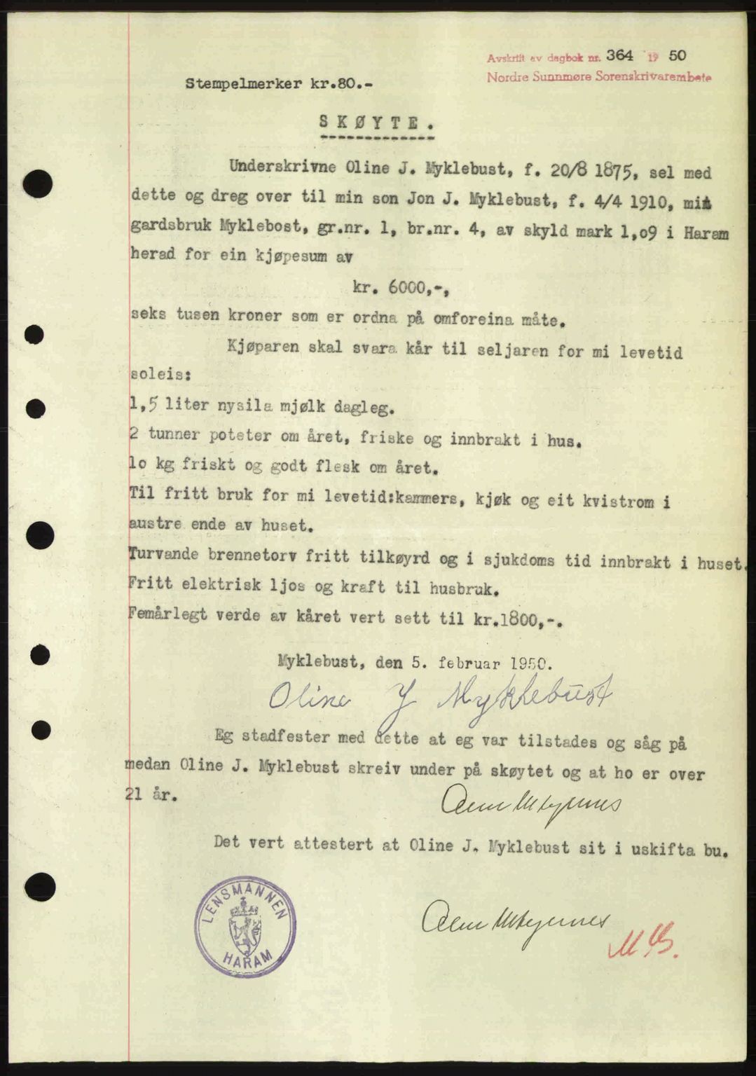 Nordre Sunnmøre sorenskriveri, AV/SAT-A-0006/1/2/2C/2Ca: Mortgage book no. A33, 1949-1950, Diary no: : 364/1950