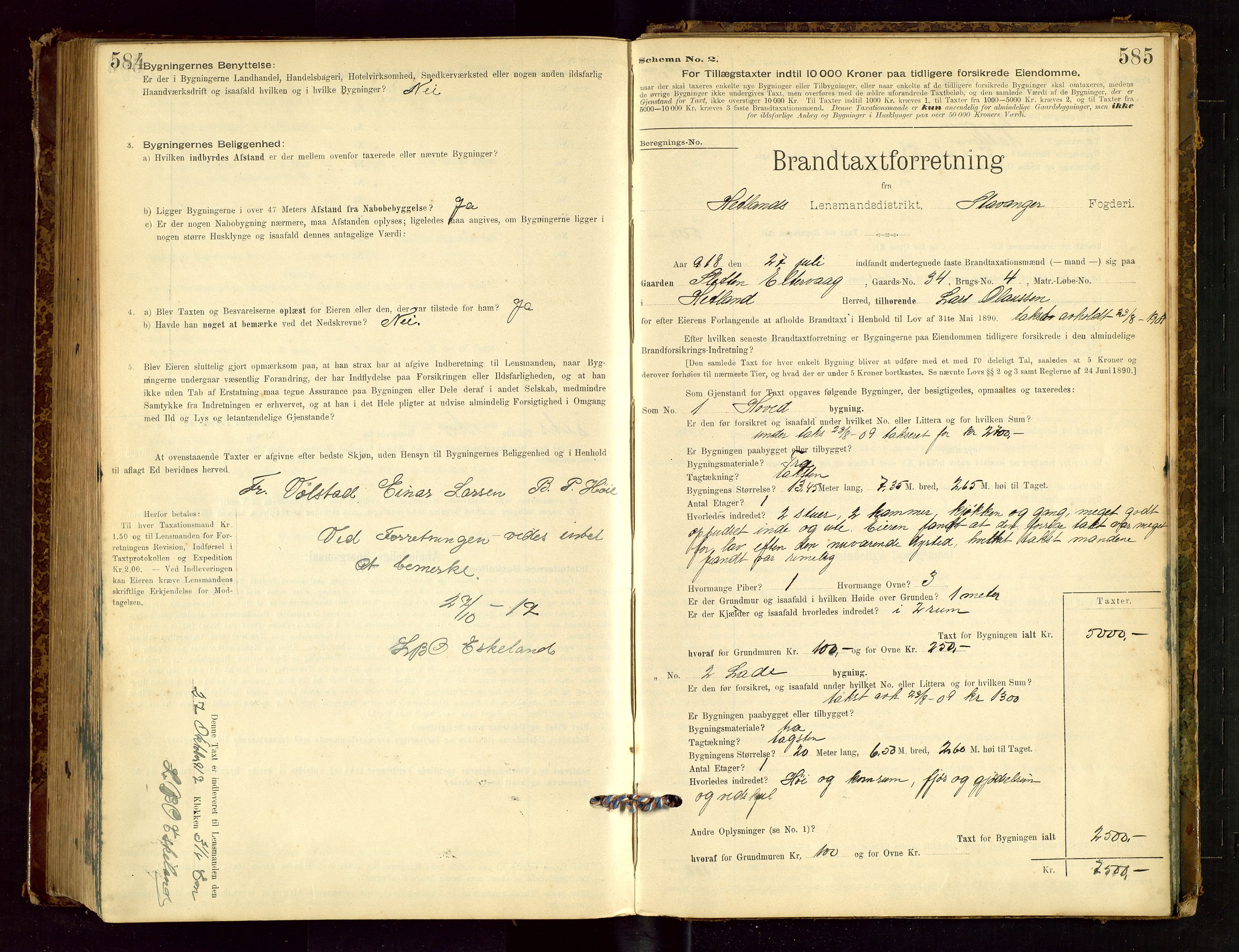 Hetland lensmannskontor, SAST/A-100101/Gob/L0001: "Brandtaxationsprotokol", 1895-1918, p. 584-585