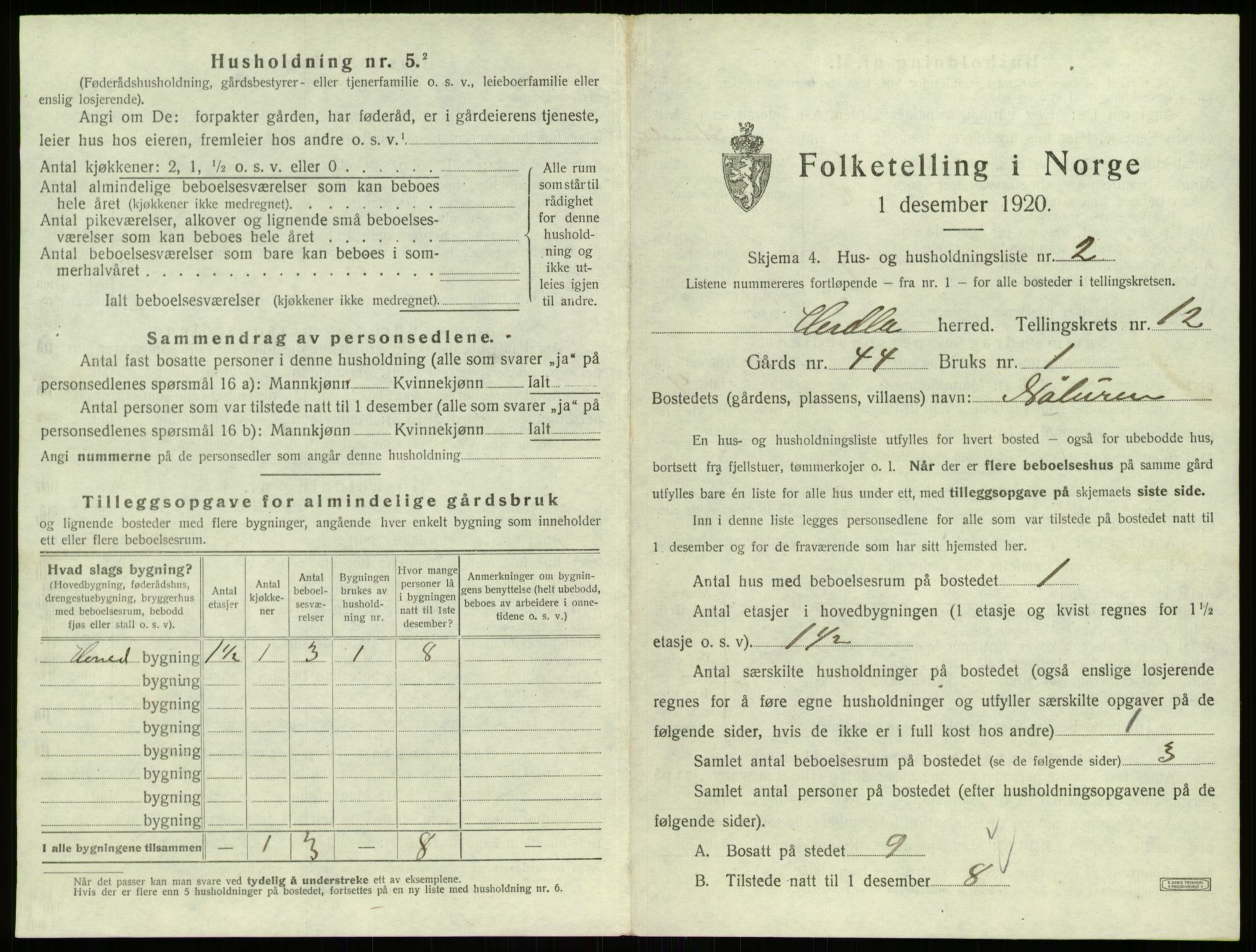 SAB, 1920 census for Herdla, 1920, p. 1095