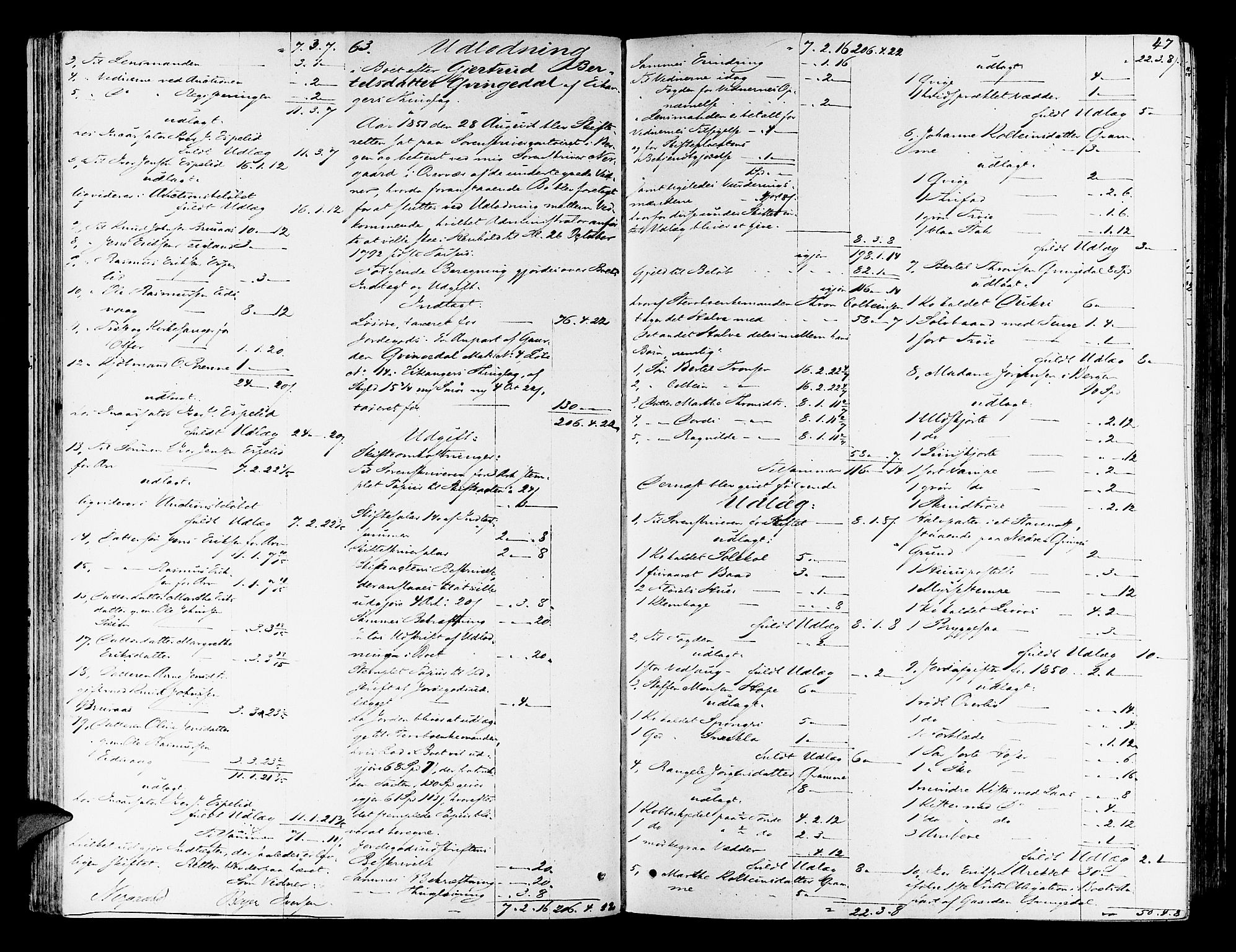 Nordhordland sorenskrivar, AV/SAB-A-2901/1/H/Hd/Hda/L0005: Skifteutlodningsprotokollar, 1851-1857, p. 46b-47a