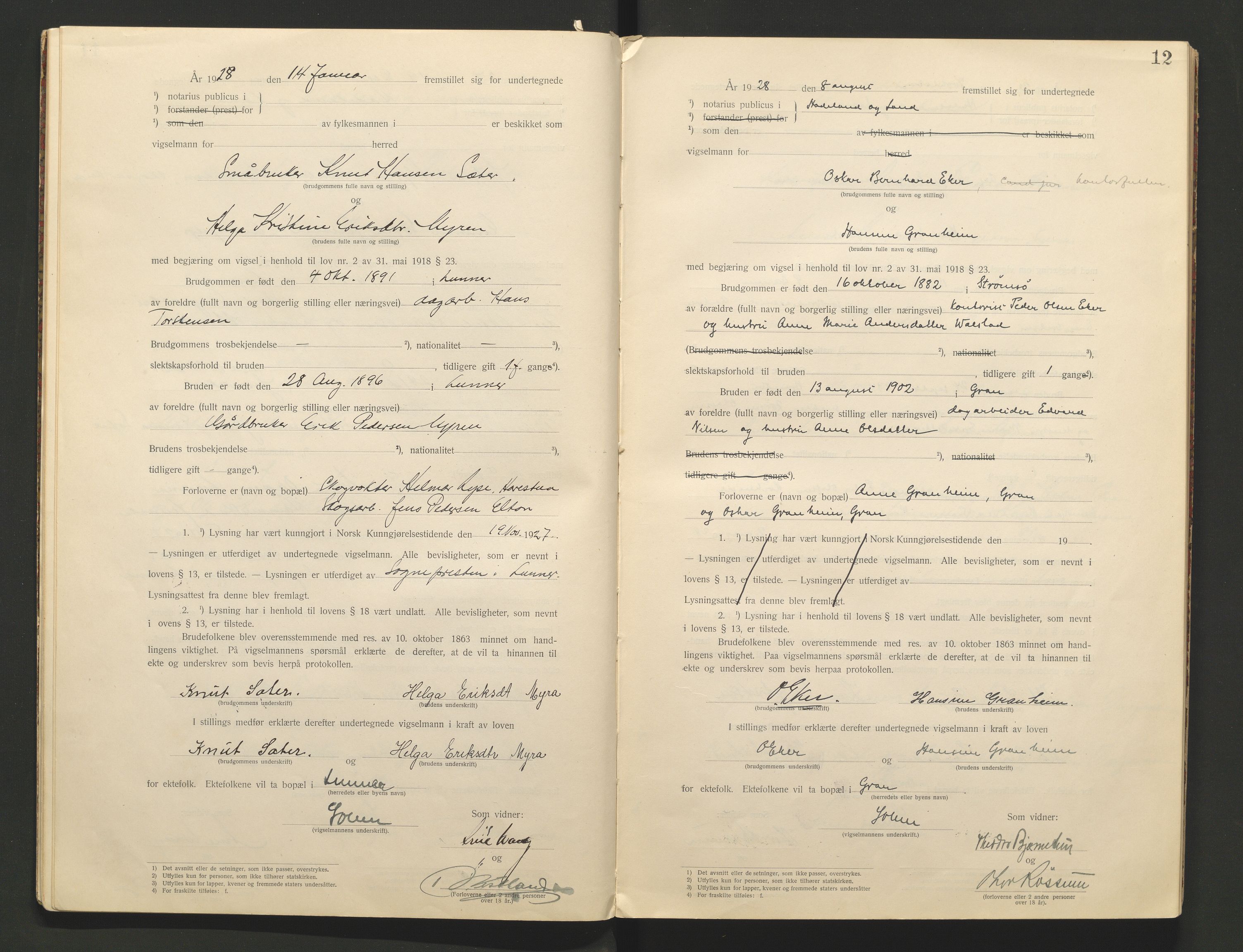 Hadeland og Land tingrett, AV/SAH-TING-010/L/Lb/L0001: Vigselbok, 1920-1943, p. 12