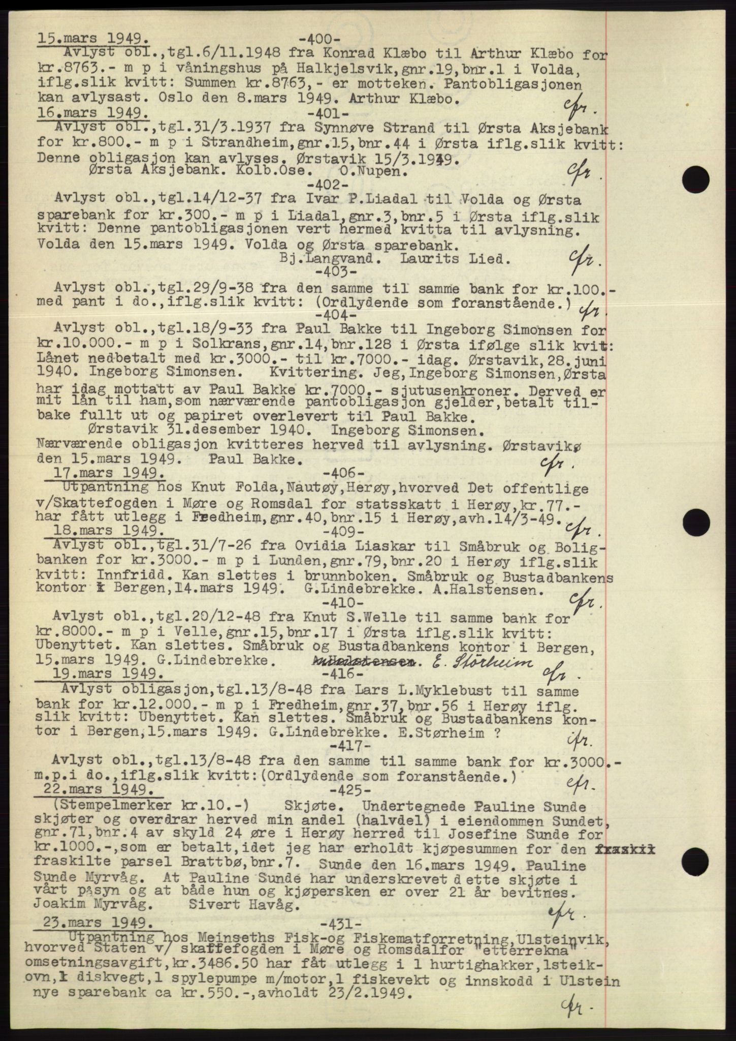 Søre Sunnmøre sorenskriveri, AV/SAT-A-4122/1/2/2C/L0072: Mortgage book no. 66, 1941-1955, Diary no: : 400/1949