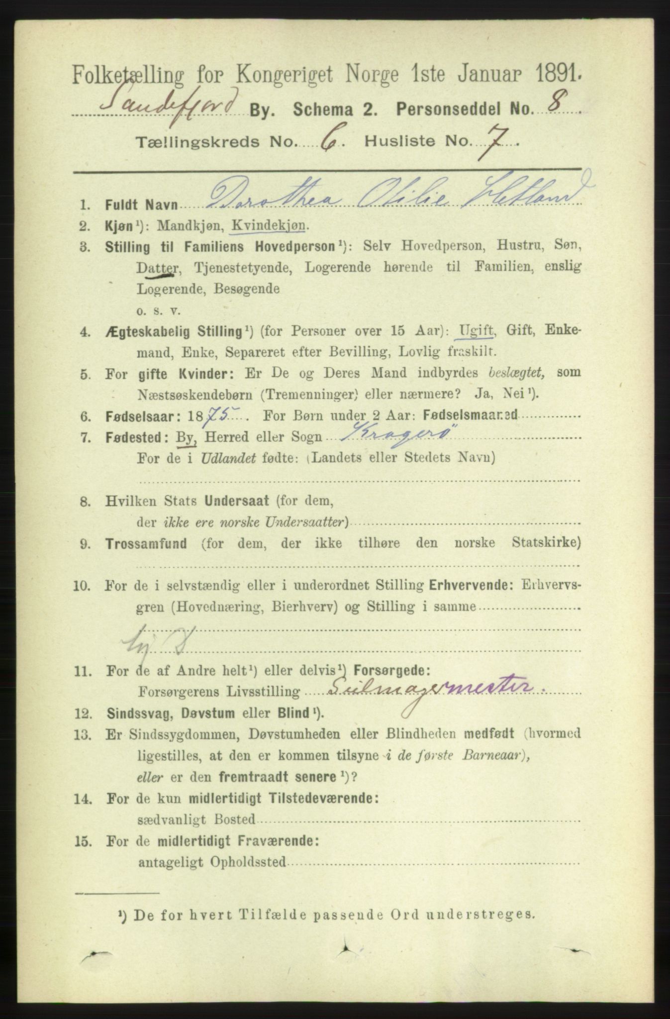 RA, 1891 census for 0706 Sandefjord, 1891, p. 2389