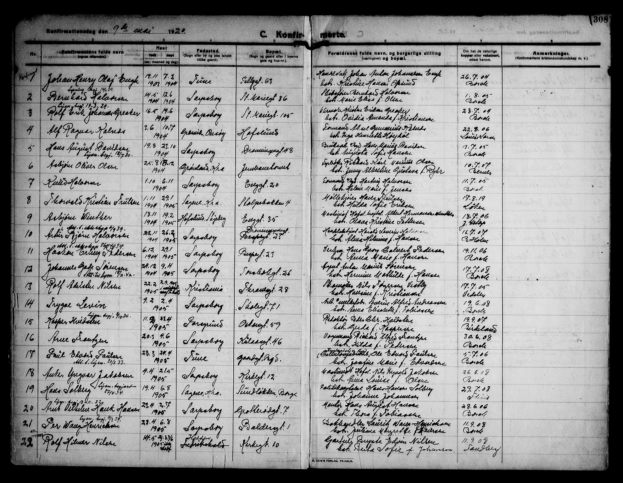 Sarpsborg prestekontor Kirkebøker, AV/SAO-A-2006/F/Fa/L0008: Parish register (official) no. 8, 1910-1920, p. 308