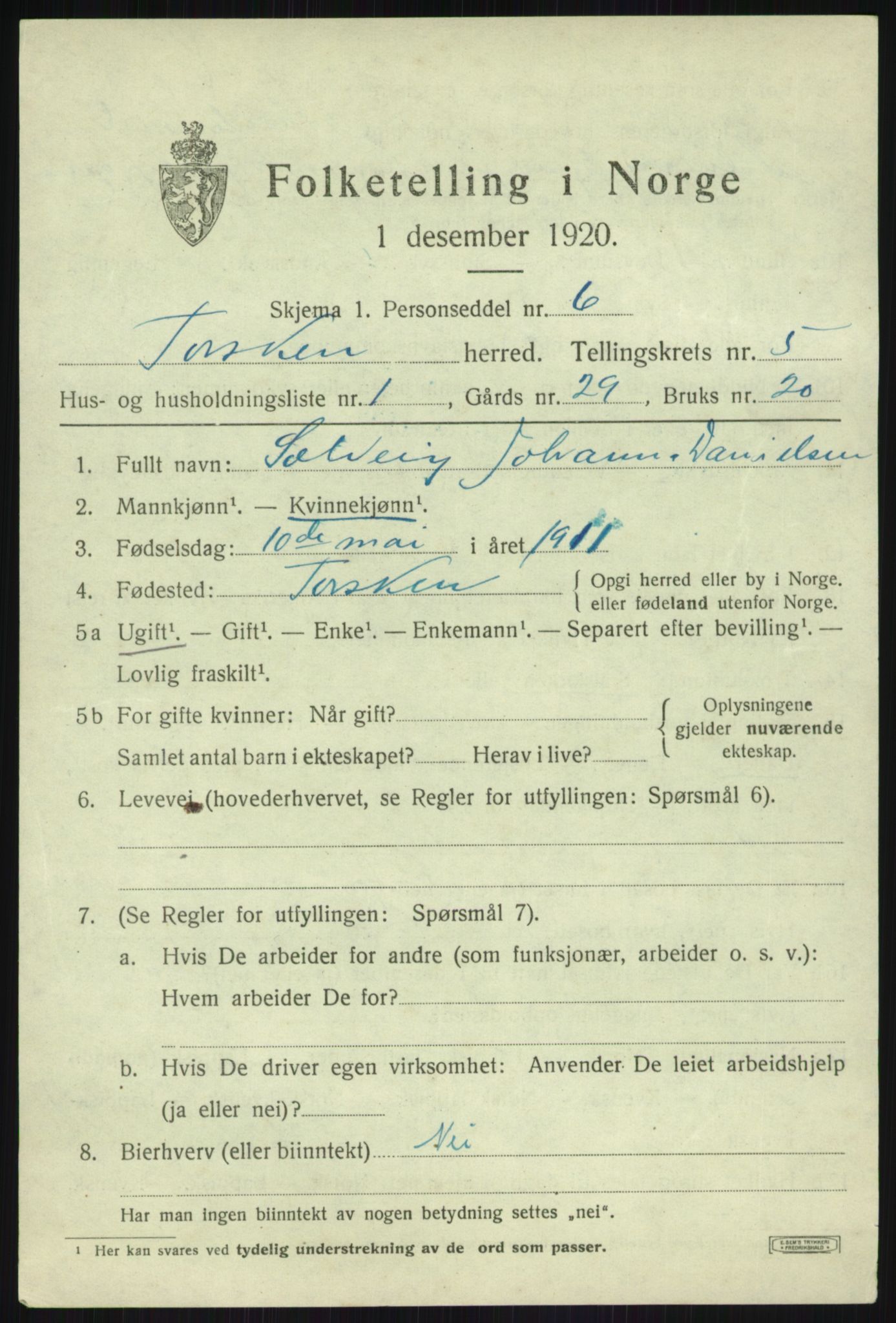 SATØ, 1920 census for Torsken, 1920, p. 1996