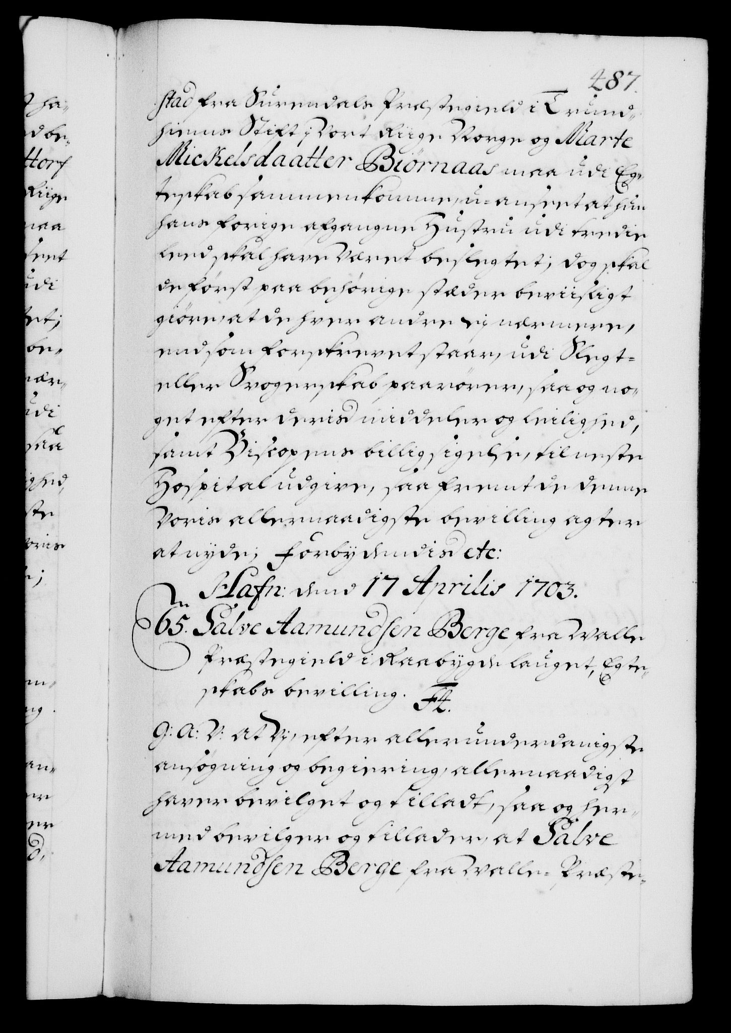 Danske Kanselli 1572-1799, AV/RA-EA-3023/F/Fc/Fca/Fcaa/L0018: Norske registre, 1699-1703, p. 487a