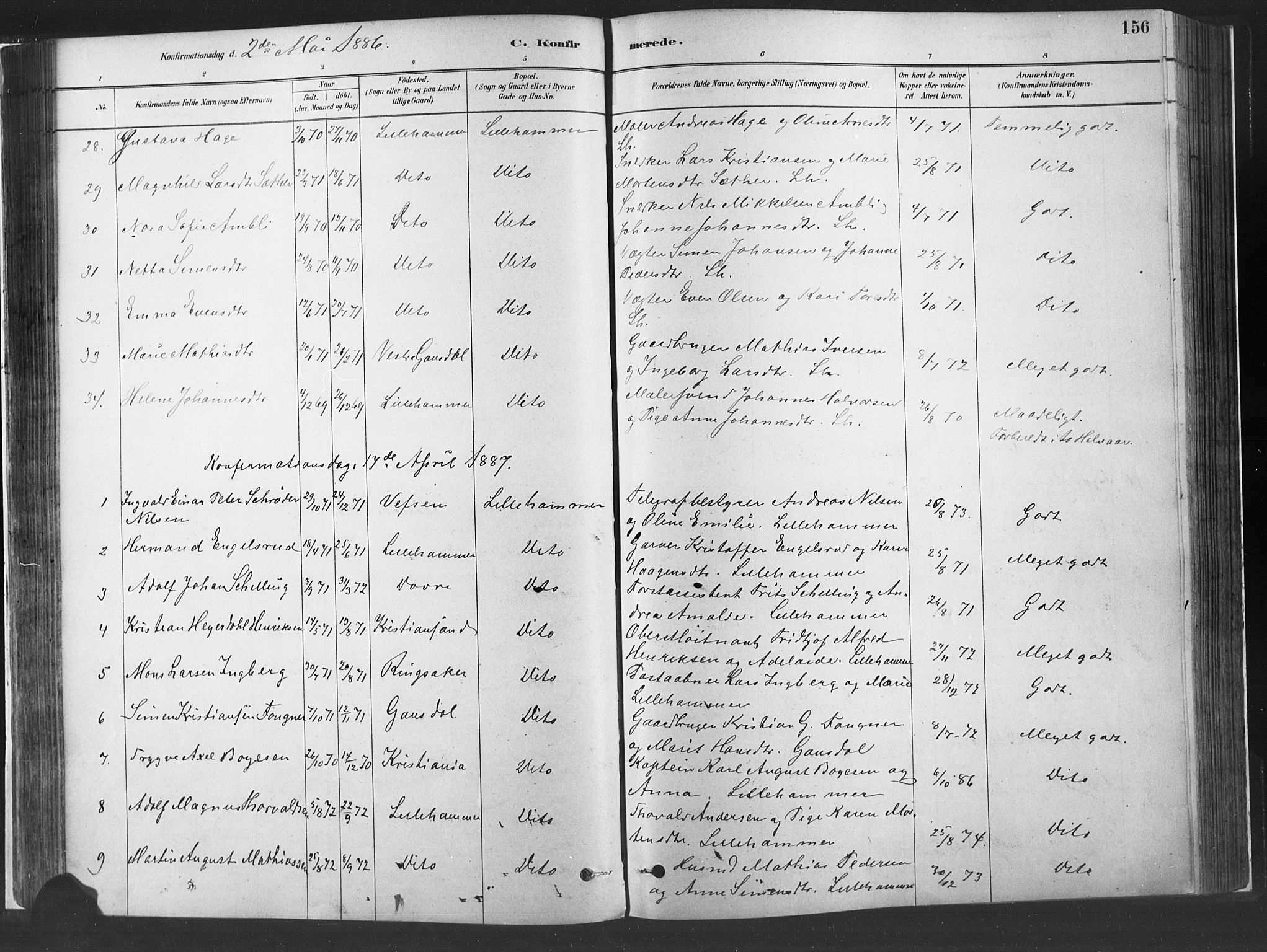 Fåberg prestekontor, AV/SAH-PREST-086/H/Ha/Haa/L0010: Parish register (official) no. 10, 1879-1900, p. 156