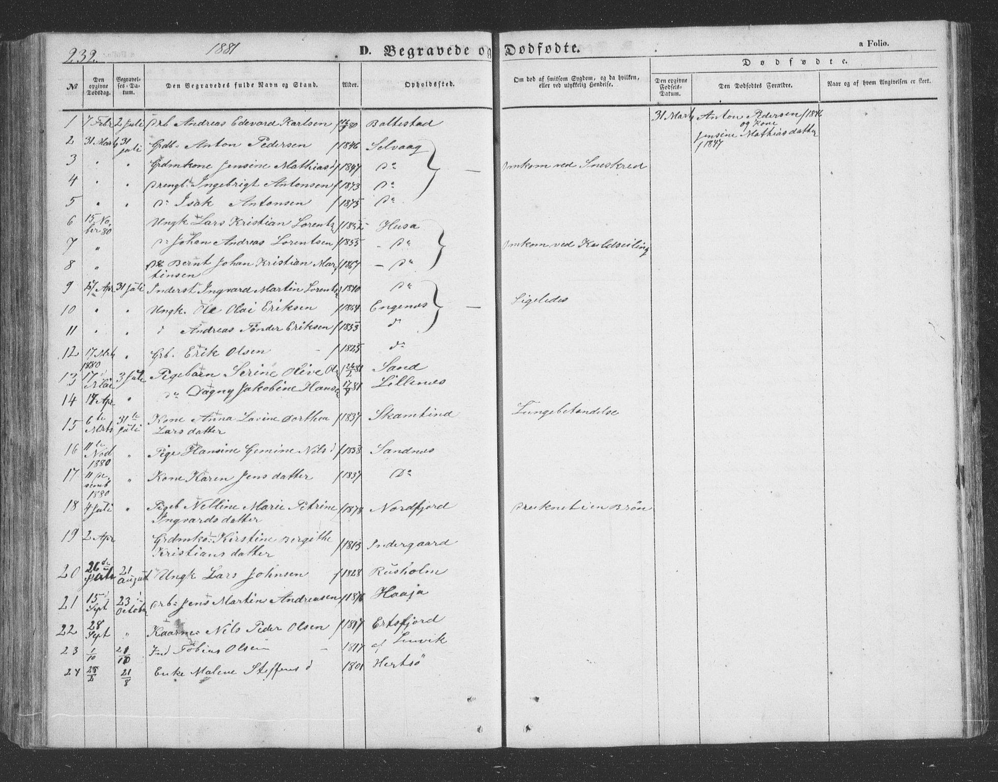 Lenvik sokneprestembete, SATØ/S-1310/H/Ha/Hab/L0020klokker: Parish register (copy) no. 20, 1855-1883, p. 232