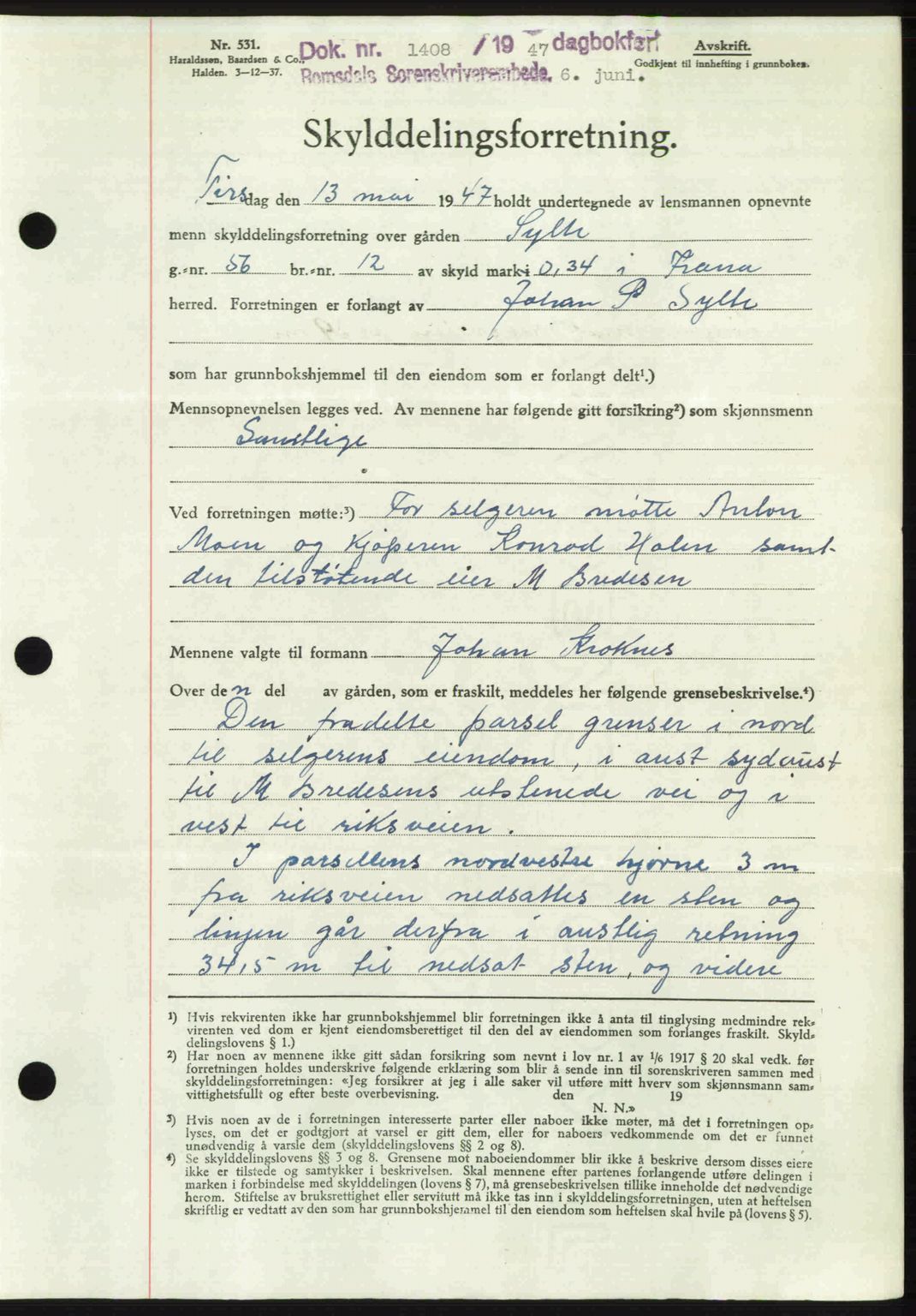 Romsdal sorenskriveri, AV/SAT-A-4149/1/2/2C: Mortgage book no. A23, 1947-1947, Diary no: : 1408/1947