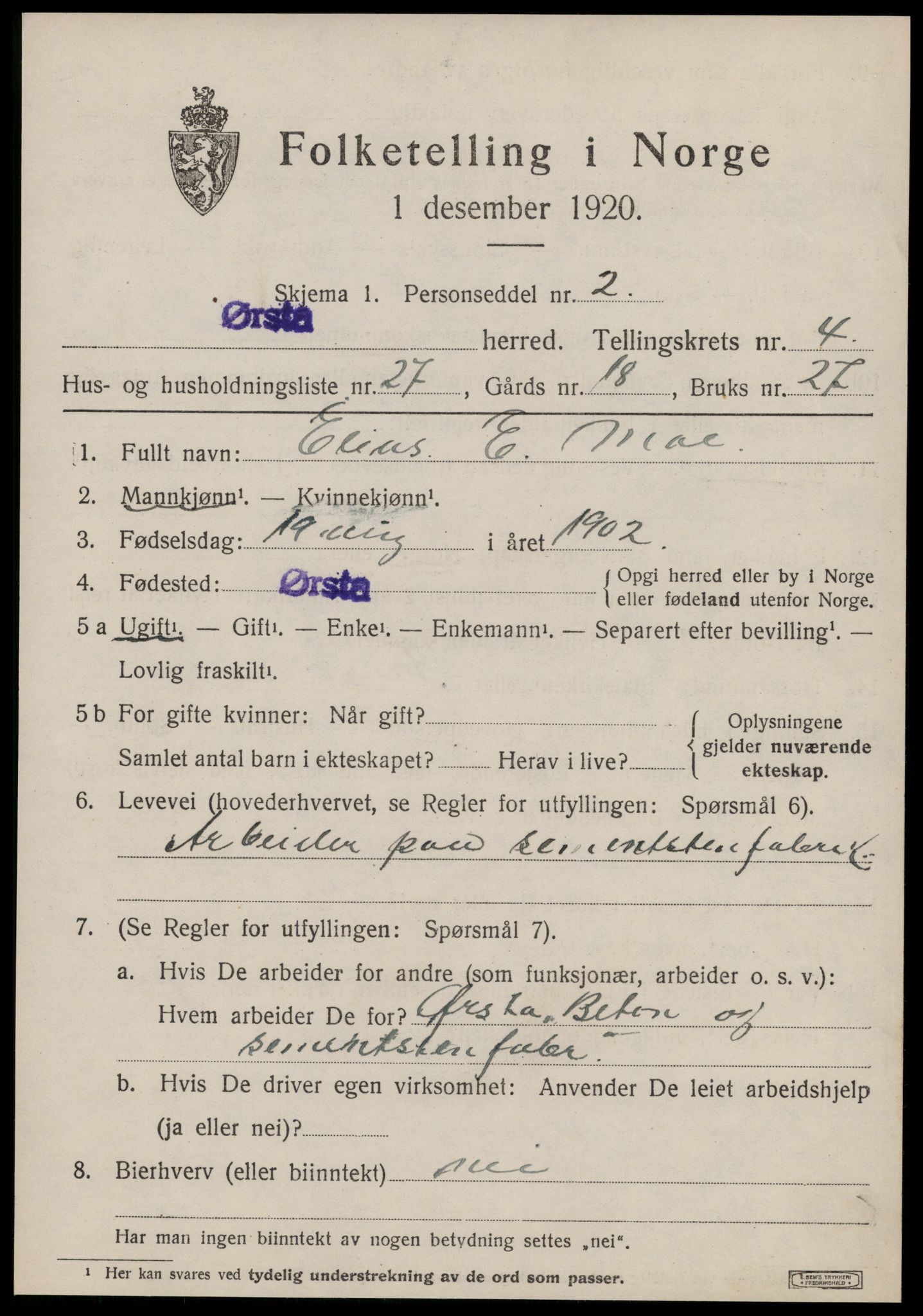 SAT, 1920 census for Ørsta, 1920, p. 4306